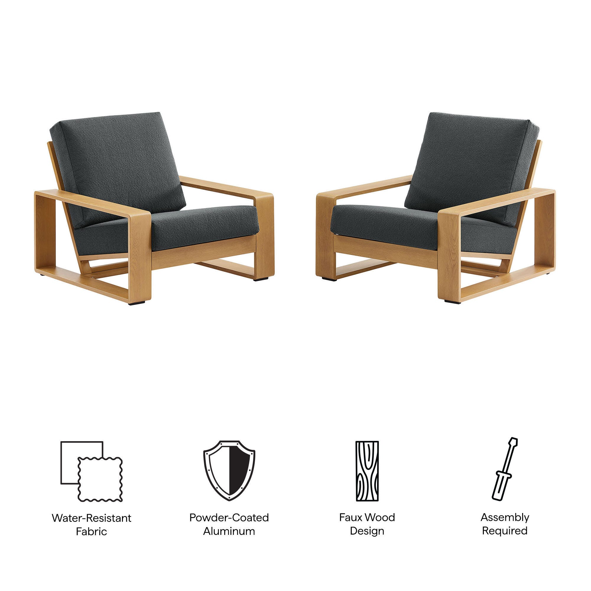 Modway Lirienne Outdoor Lounge Chair (Set of 2), Charcoal/Natural, large