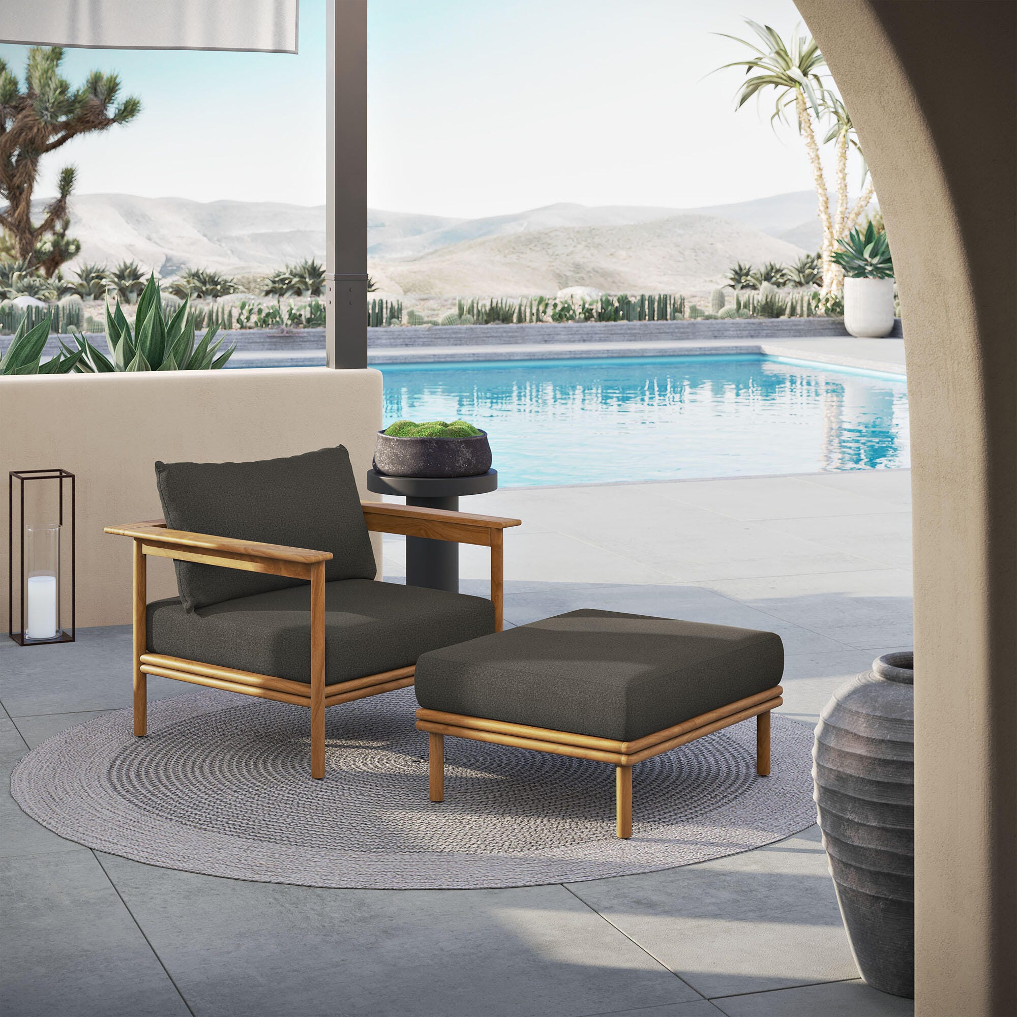 Modway Wren Outdoor Lounge Chair and Ottoman, Natural/Flint Gray, rollover