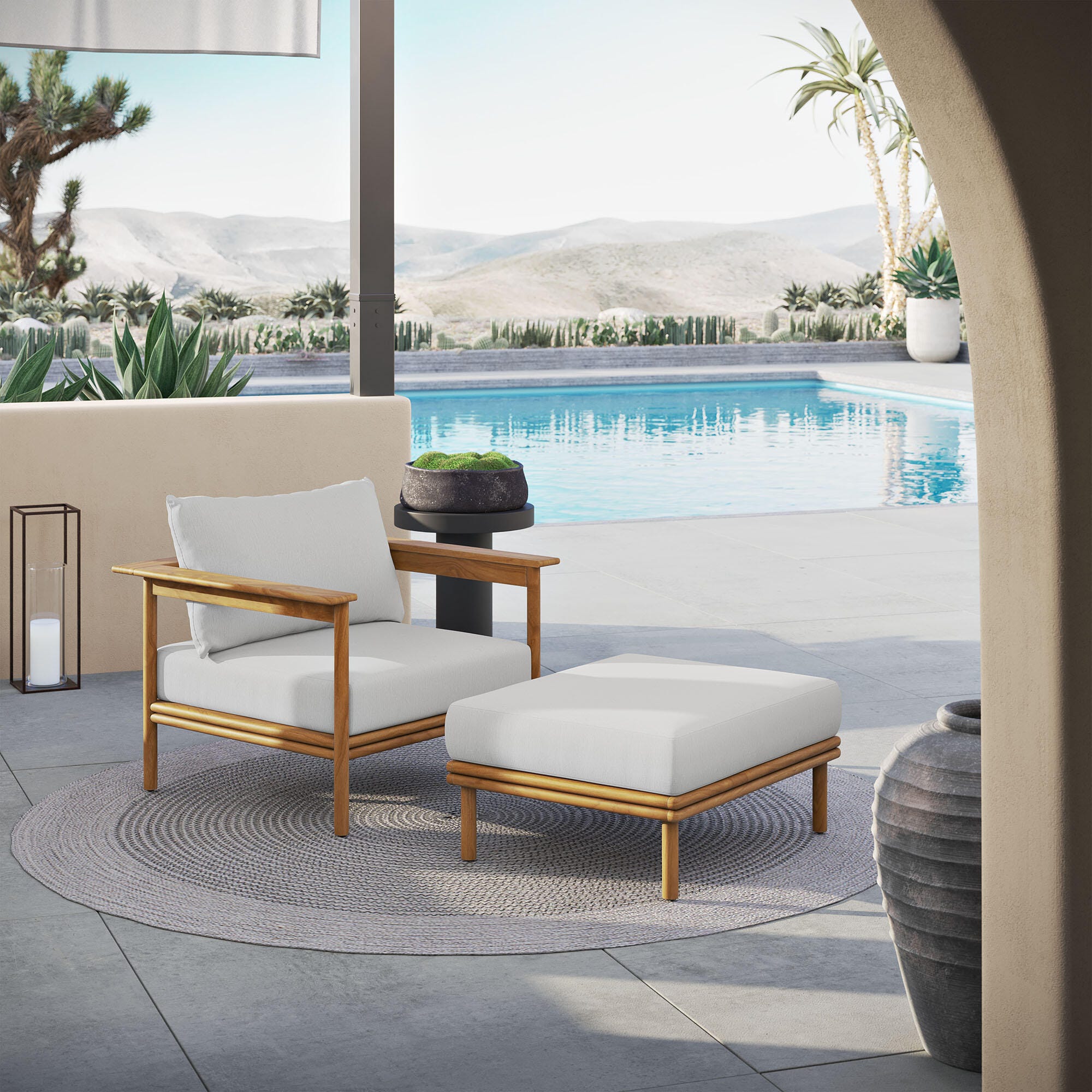 Modway Wren Outdoor Lounge Chair and Ottoman, Natural/Sail, rollover