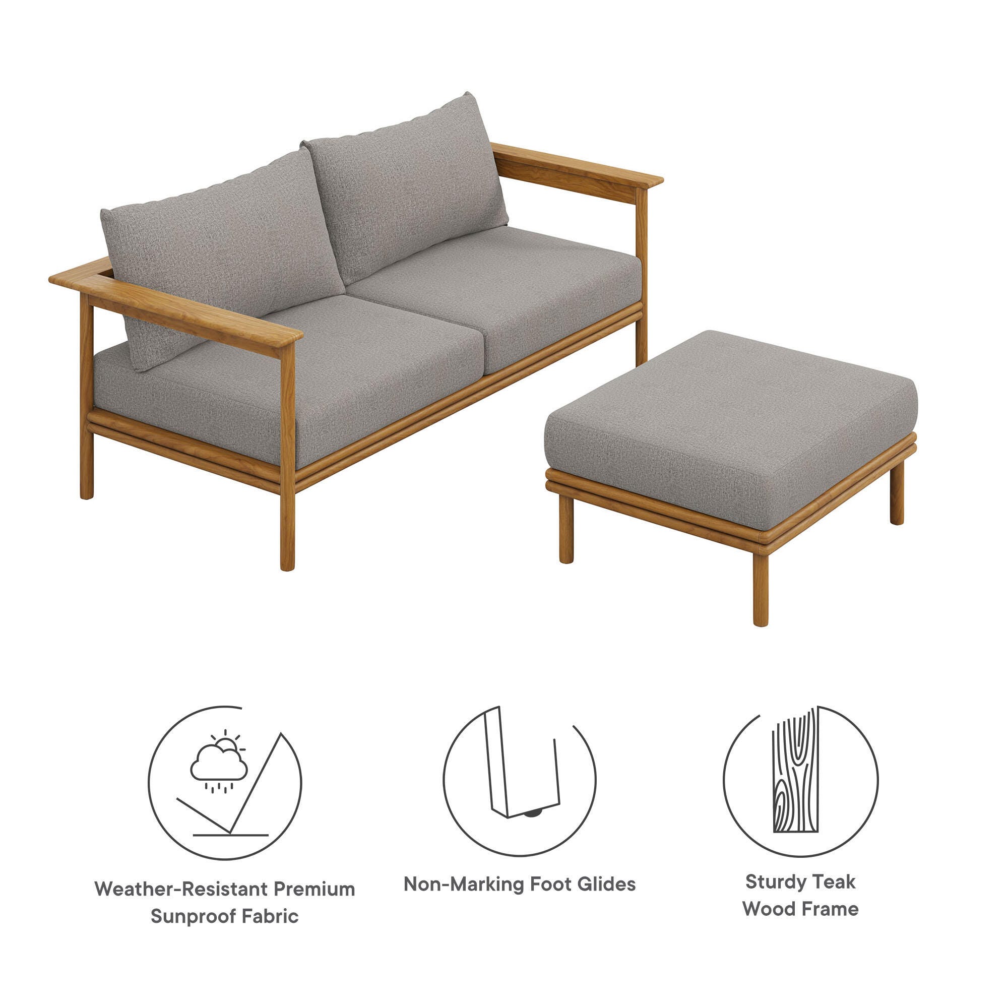 Modway Wren Outdoor Loveseat and Ottoman Set, Brown/Natural, large
