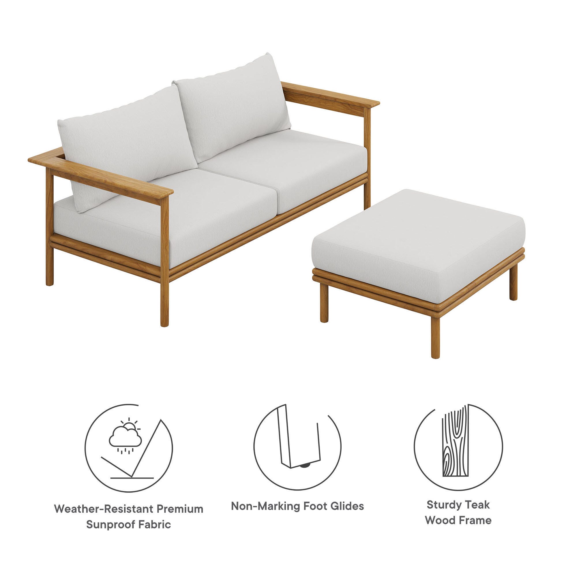 Modway Wren Outdoor Loveseat and Ottoman Set, Natural/White, large