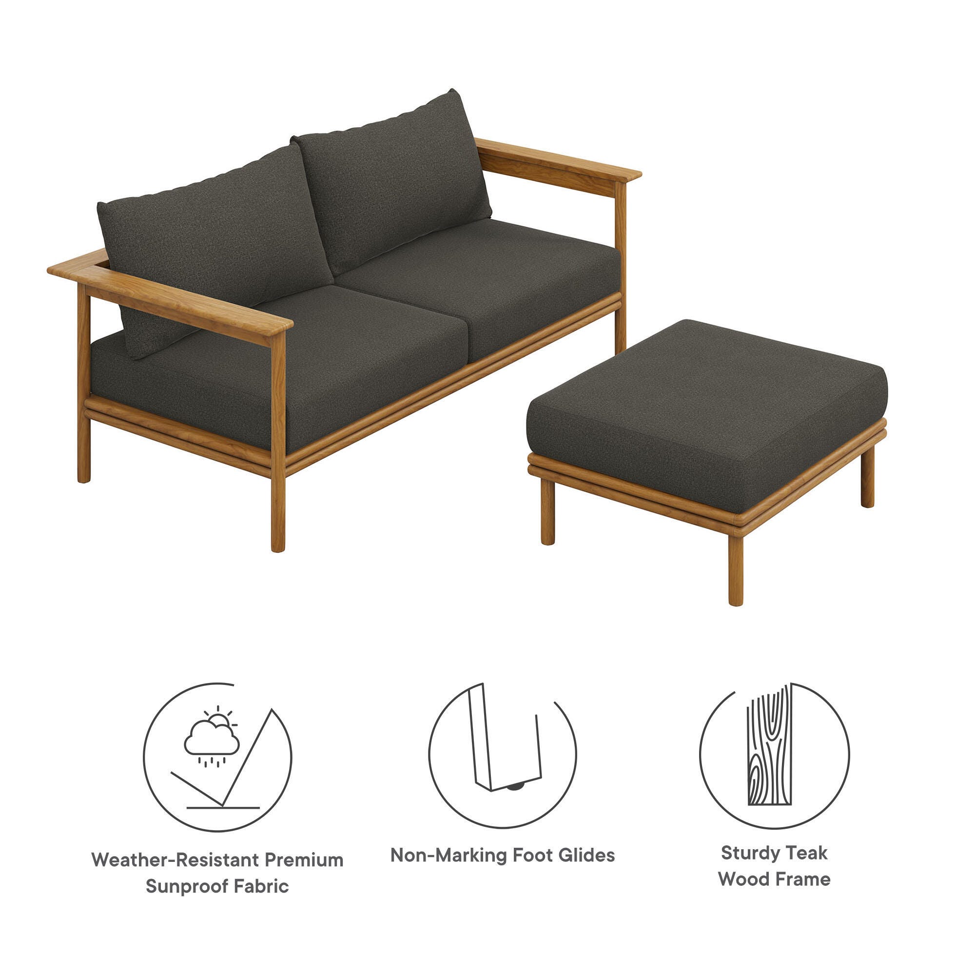 Modway Wren Outdoor Loveseat and Ottoman Set, Natural/Flint Gray, large