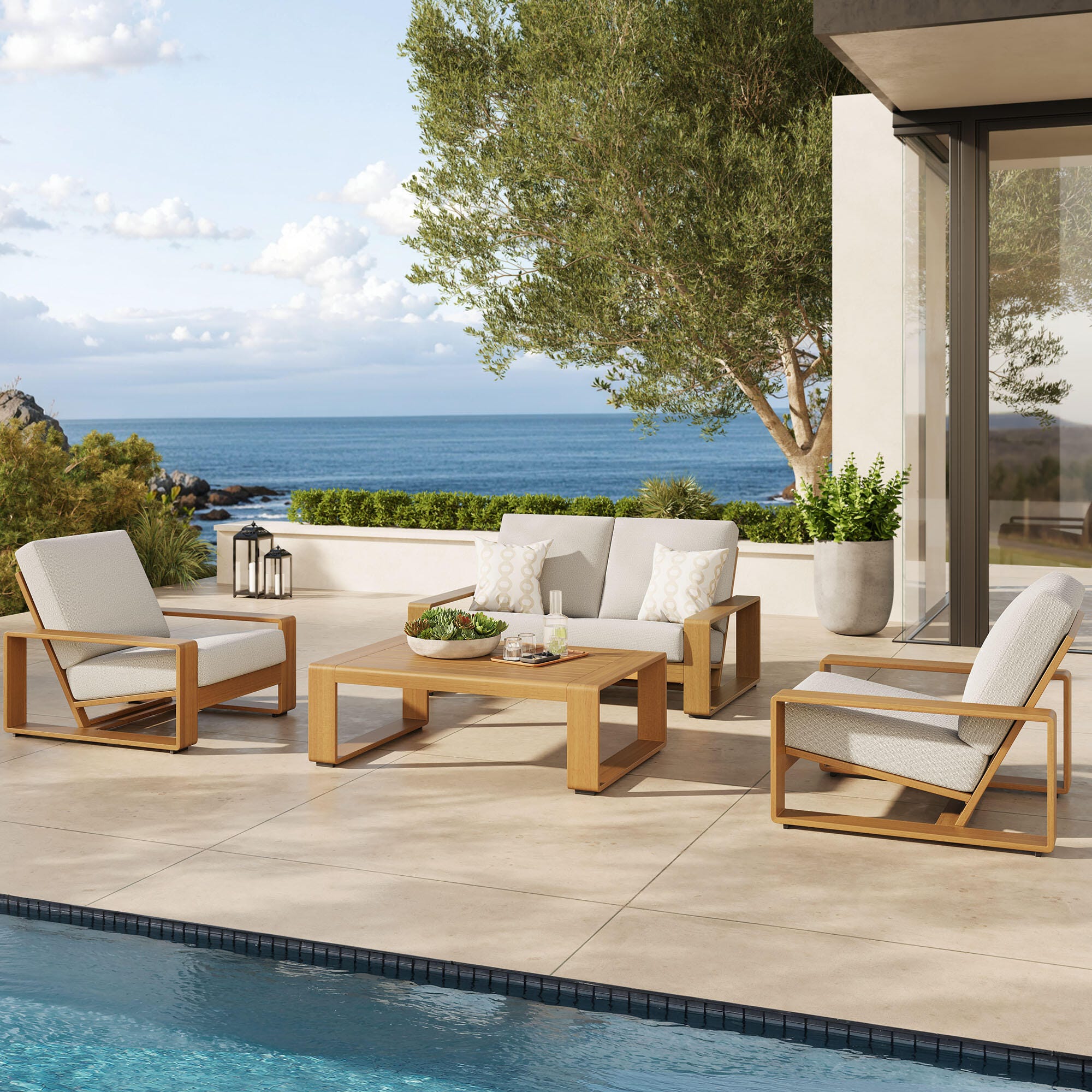 Modway Lirienne Outdoor Sofa and 2 Chairs with Coffee Table, Ivory/Natural, rollover