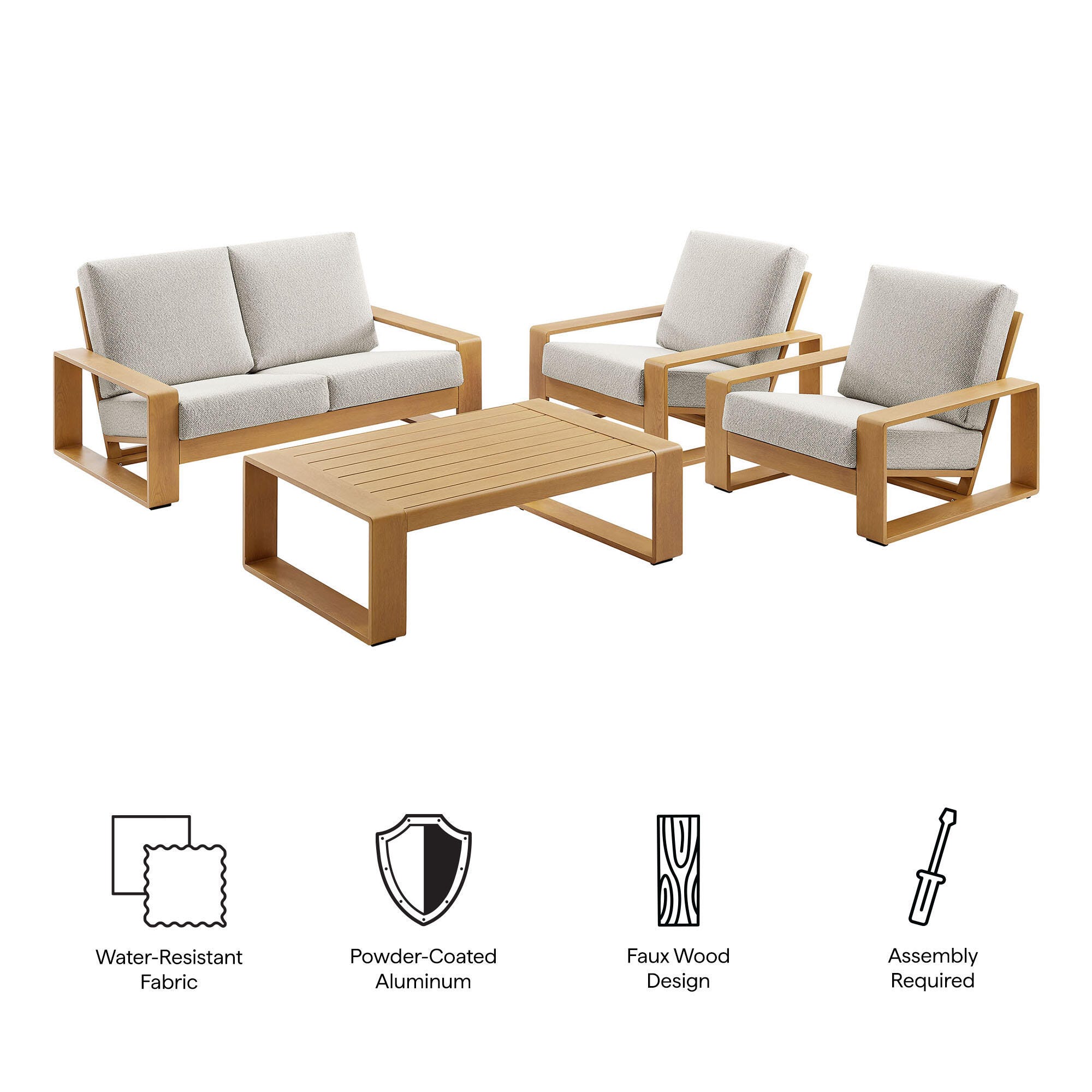 Modway Lirienne Outdoor Sofa and 2 Chairs with Coffee Table, Ivory/Natural, large