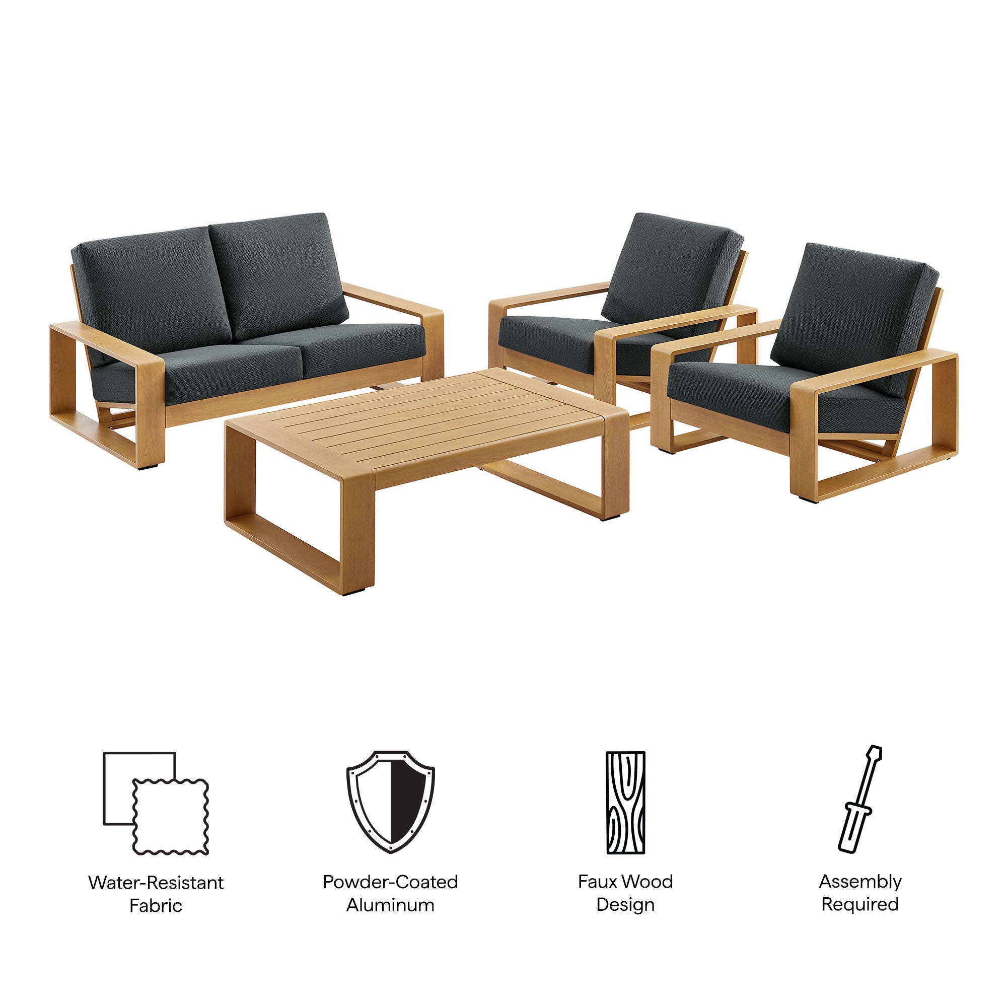 Modway Lirienne Outdoor Sofa and 2 Chairs with Coffee Table, Charcoal/Natural, large