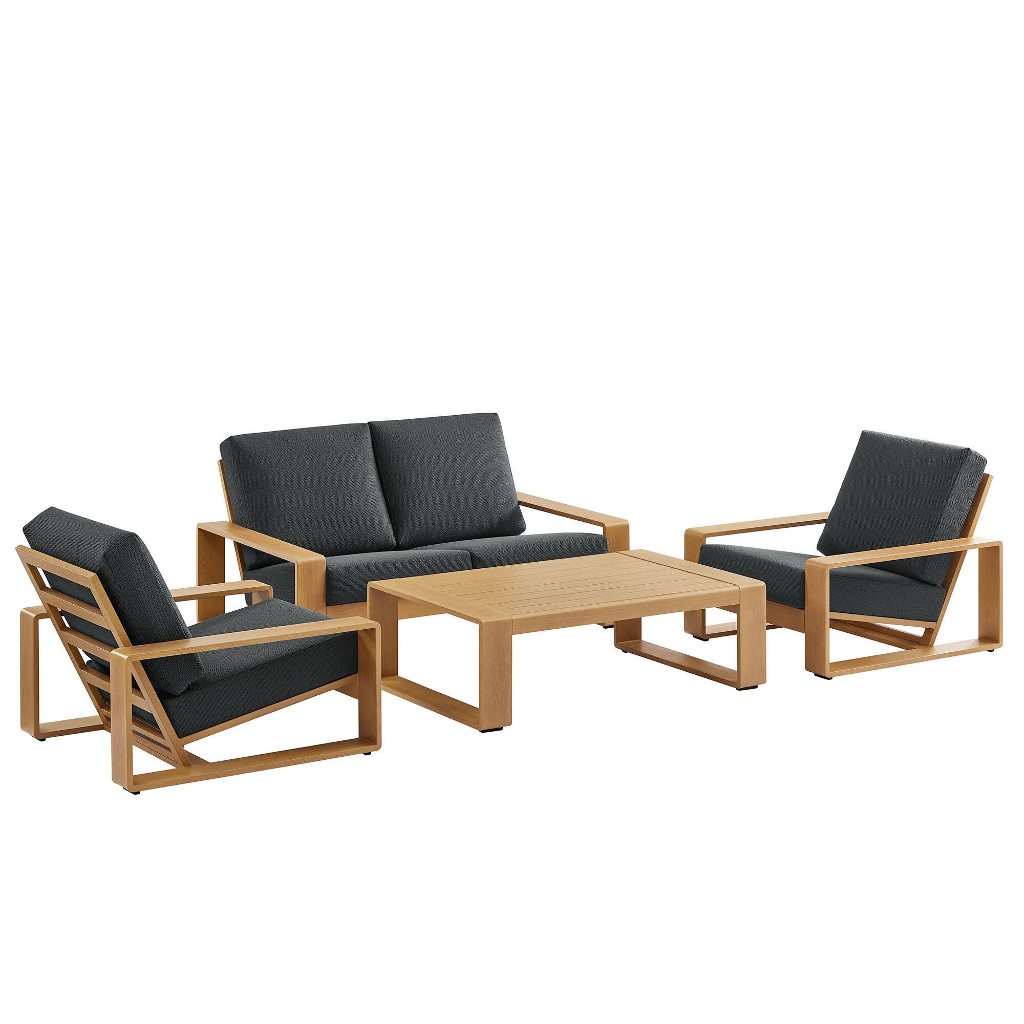 Modway Lirienne Outdoor Sofa and 2 Chairs with Coffee Table, Charcoal/Natural, large