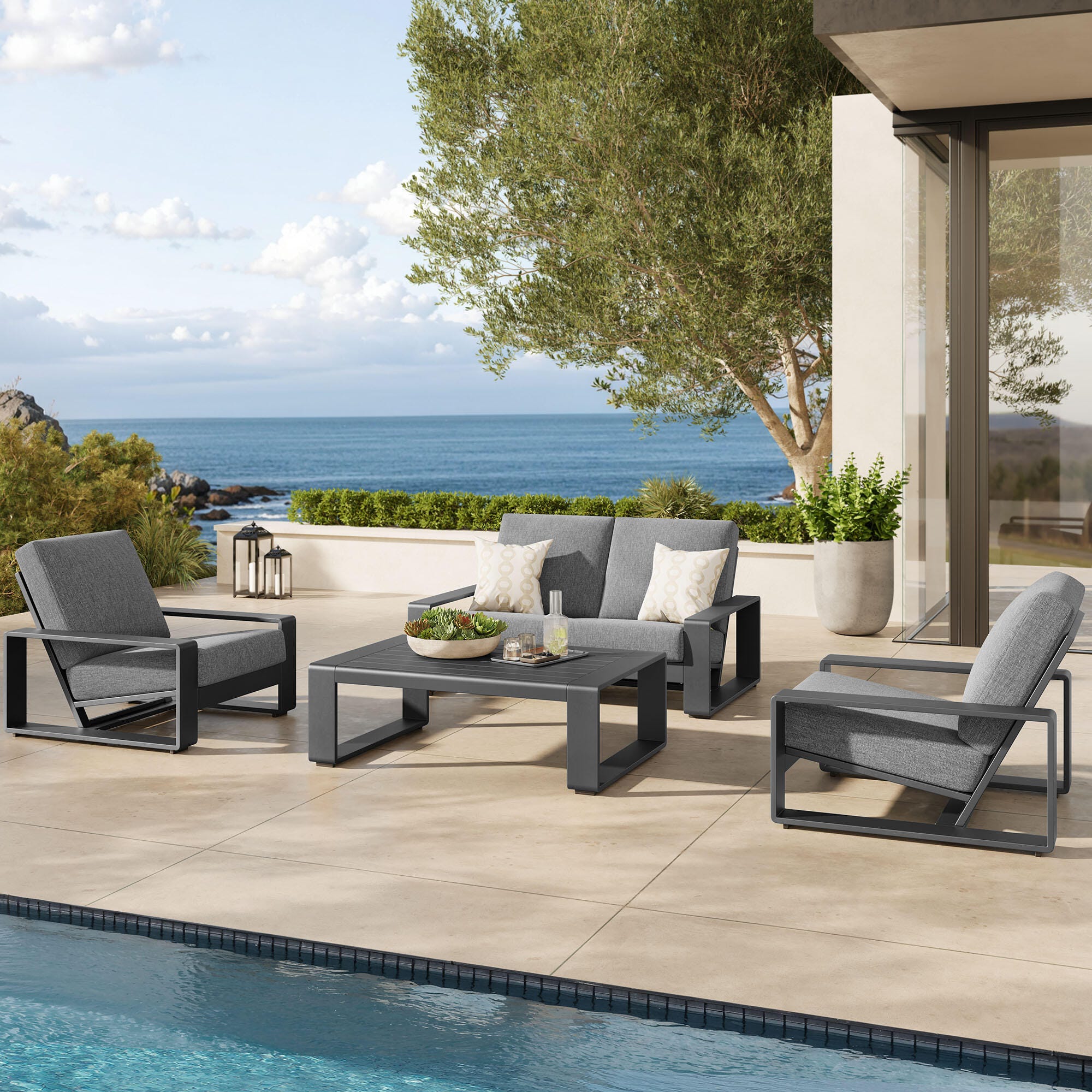 Modway Lirienne Outdoor Sofa and 2 Chairs with Coffee Table, Light Gray/Black, rollover