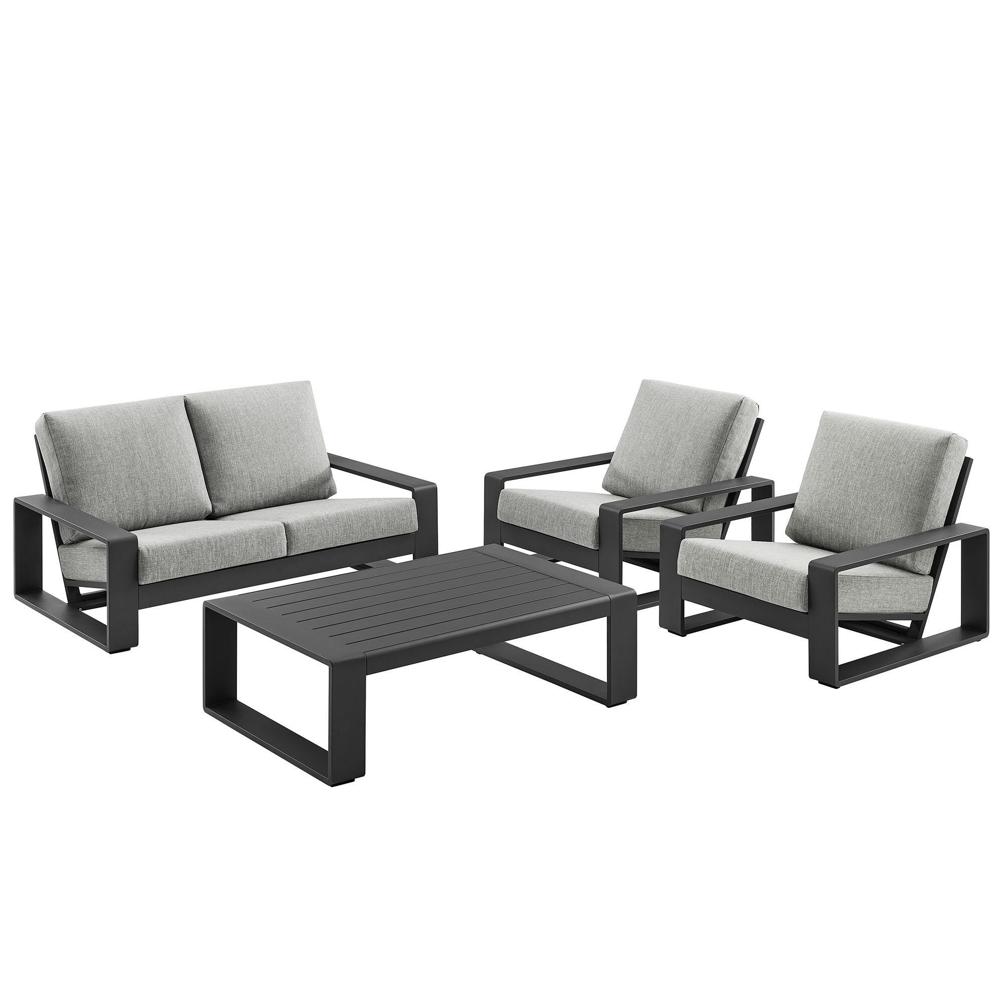 Modway Lirienne Outdoor Sofa and 2 Chairs with Coffee Table, Light Gray/Black, large