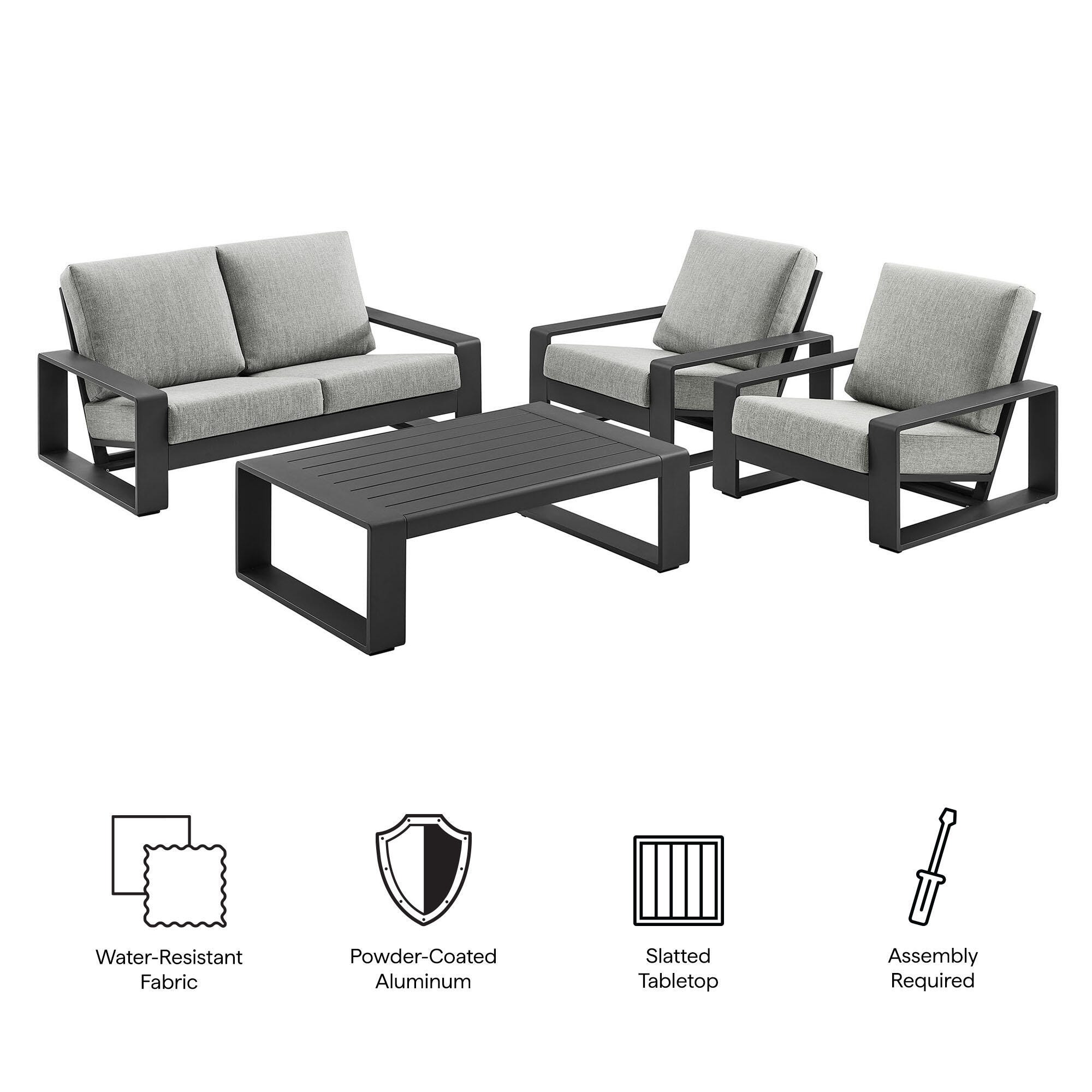 Modway Lirienne Outdoor Sofa and 2 Chairs with Coffee Table, Light Gray/Black, large