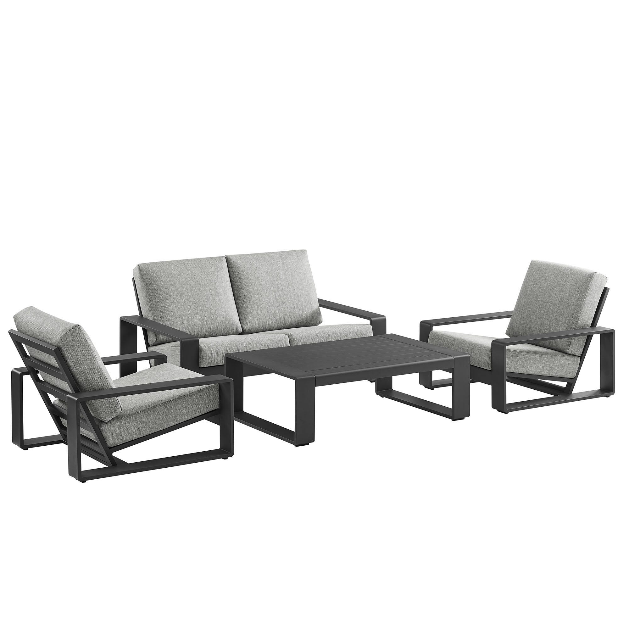 Modway Lirienne Outdoor Sofa and 2 Chairs with Coffee Table, Light Gray/Black, large