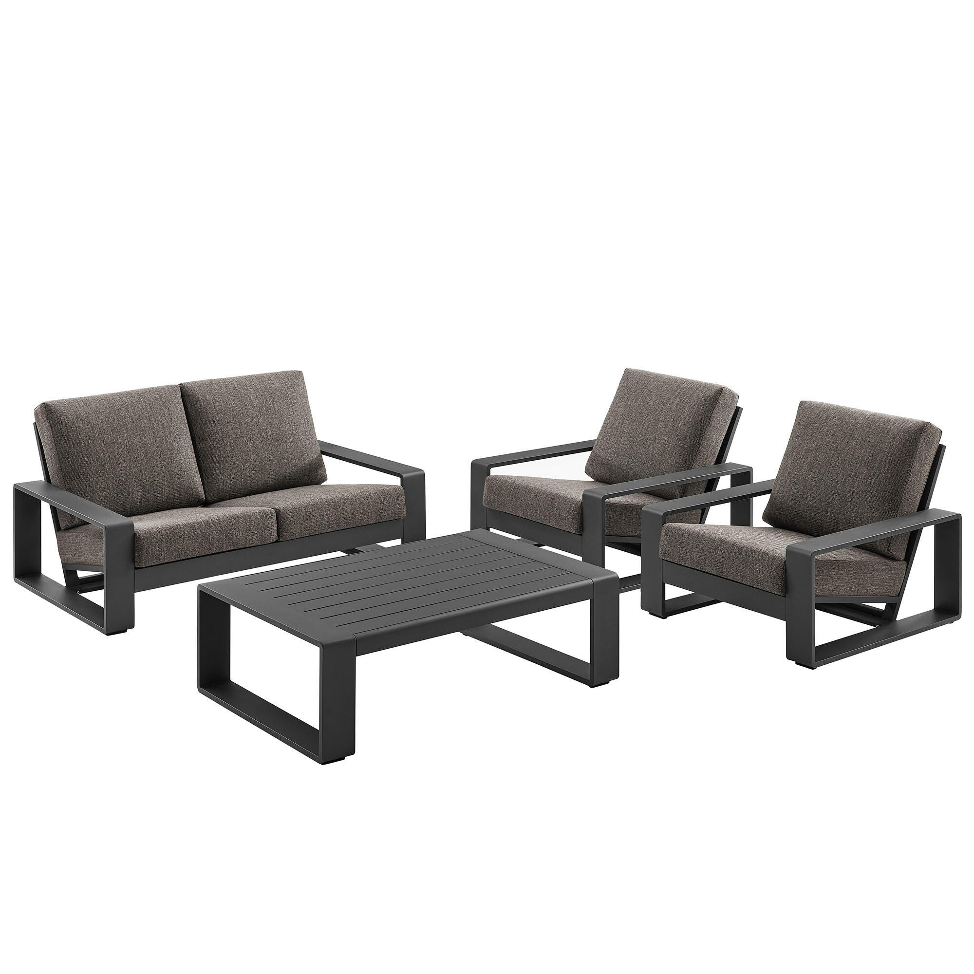 Modway Lirienne Outdoor Sofa and 2 Chairs with Coffee Table, Smoke/Black, large