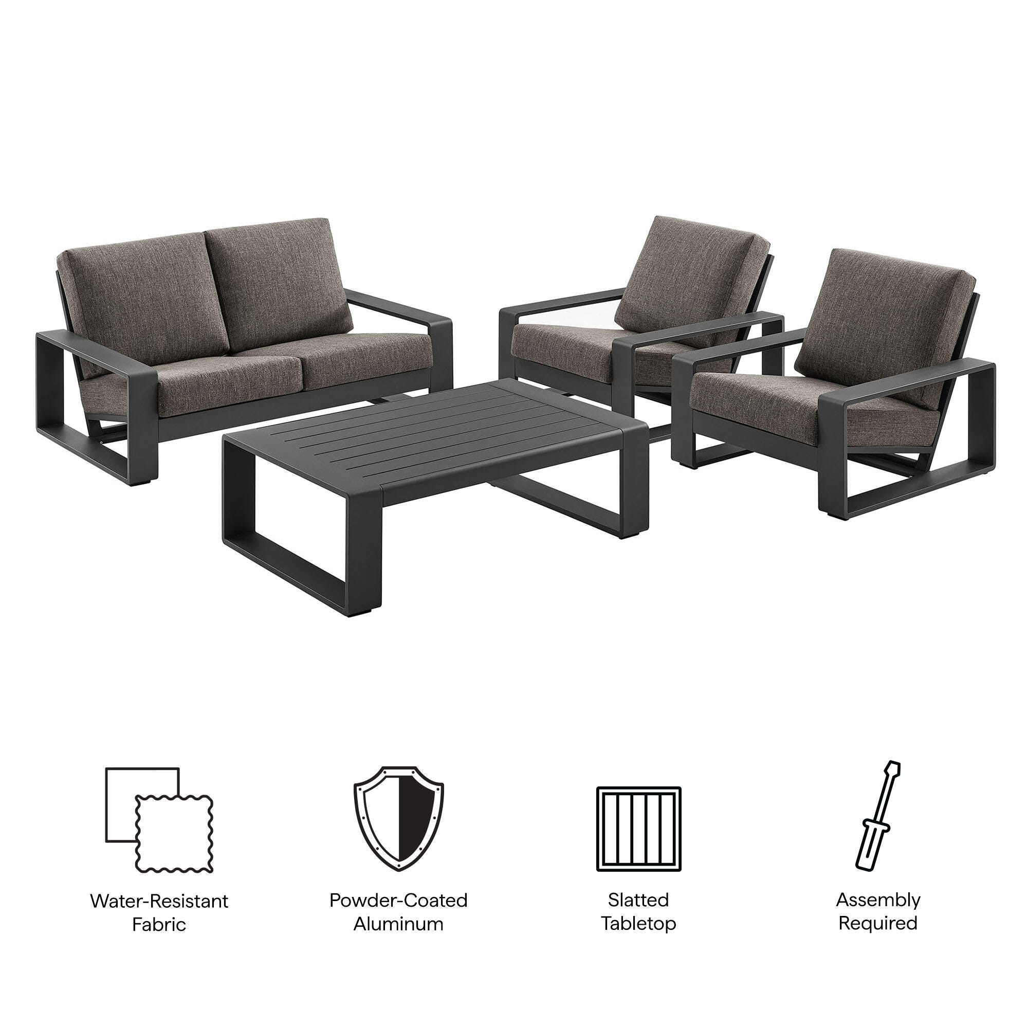 Modway Lirienne Outdoor Sofa and 2 Chairs with Coffee Table, Smoke/Black, large