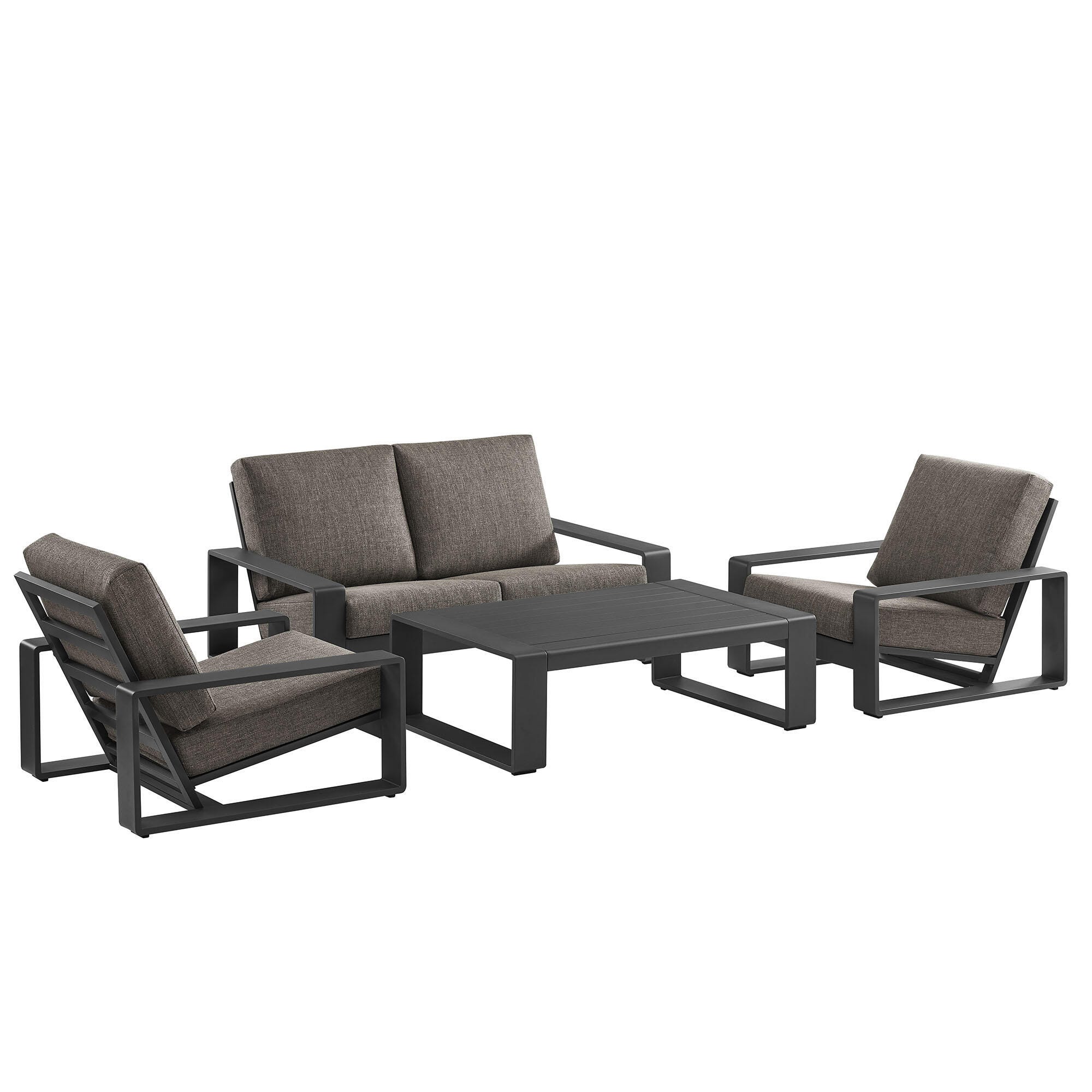 Modway Lirienne Outdoor Sofa and 2 Chairs with Coffee Table, Smoke/Black, large