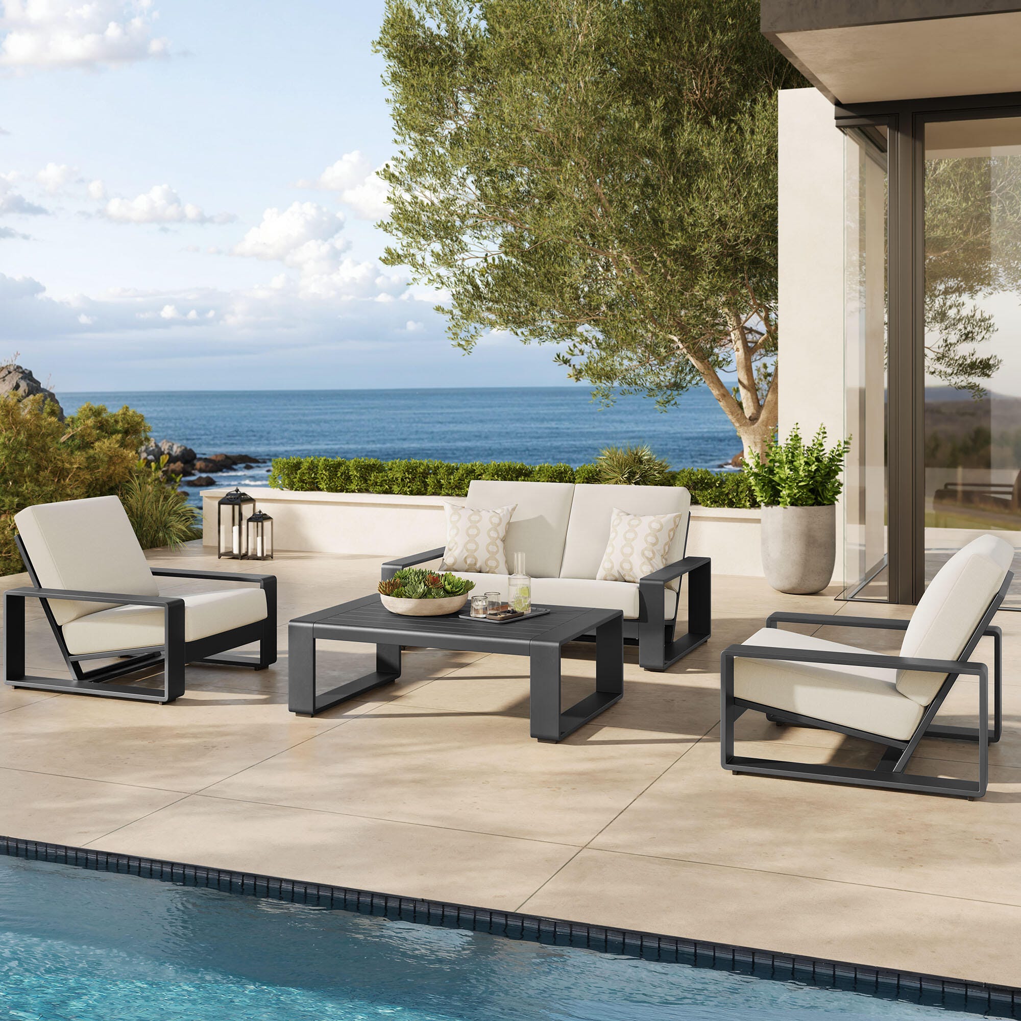 Modway Lirienne Outdoor Sofa and 2 Chairs with Coffee Table, Cream Gray/Black, rollover