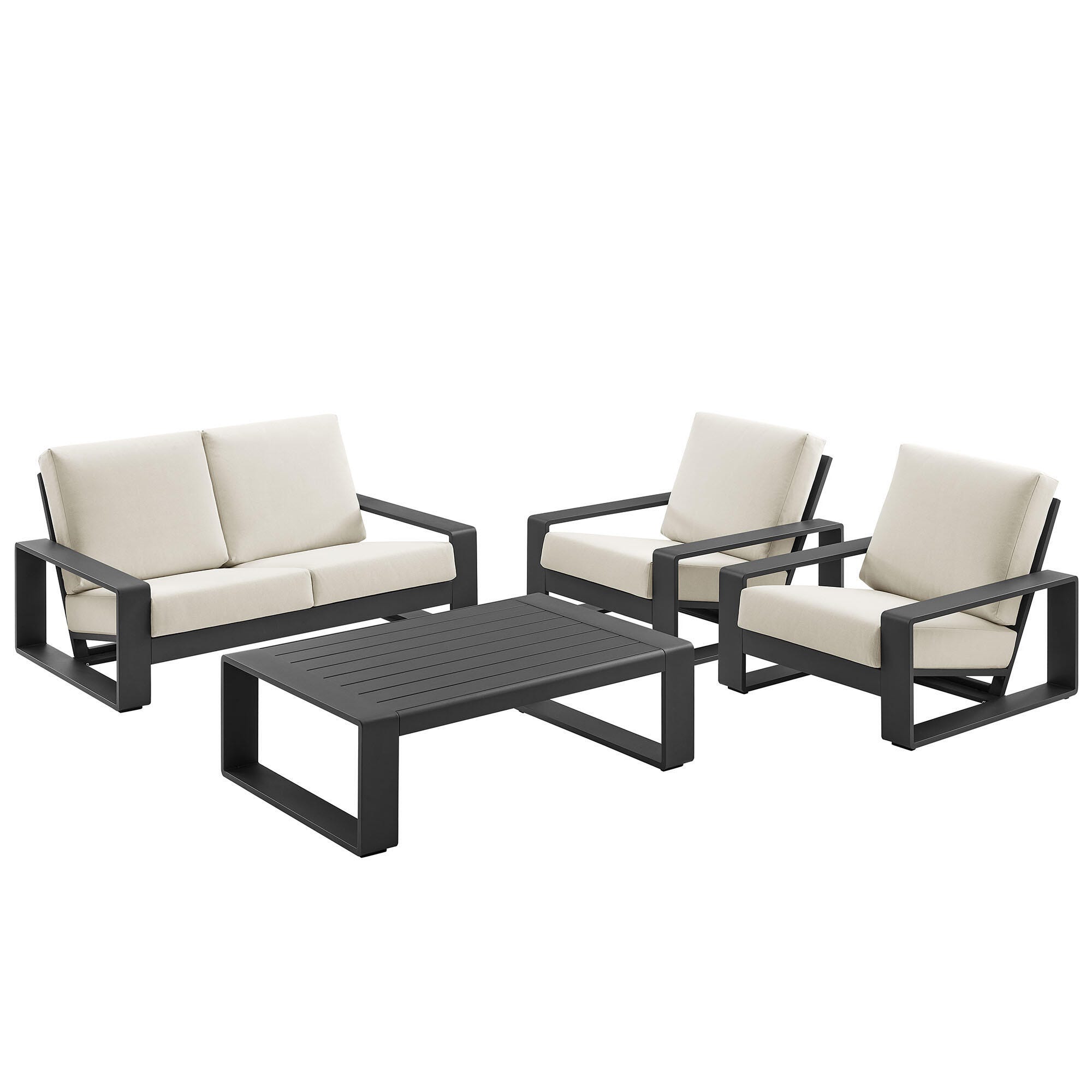 Modway Lirienne Outdoor Sofa and 2 Chairs with Coffee Table, Cream Gray/Black, large