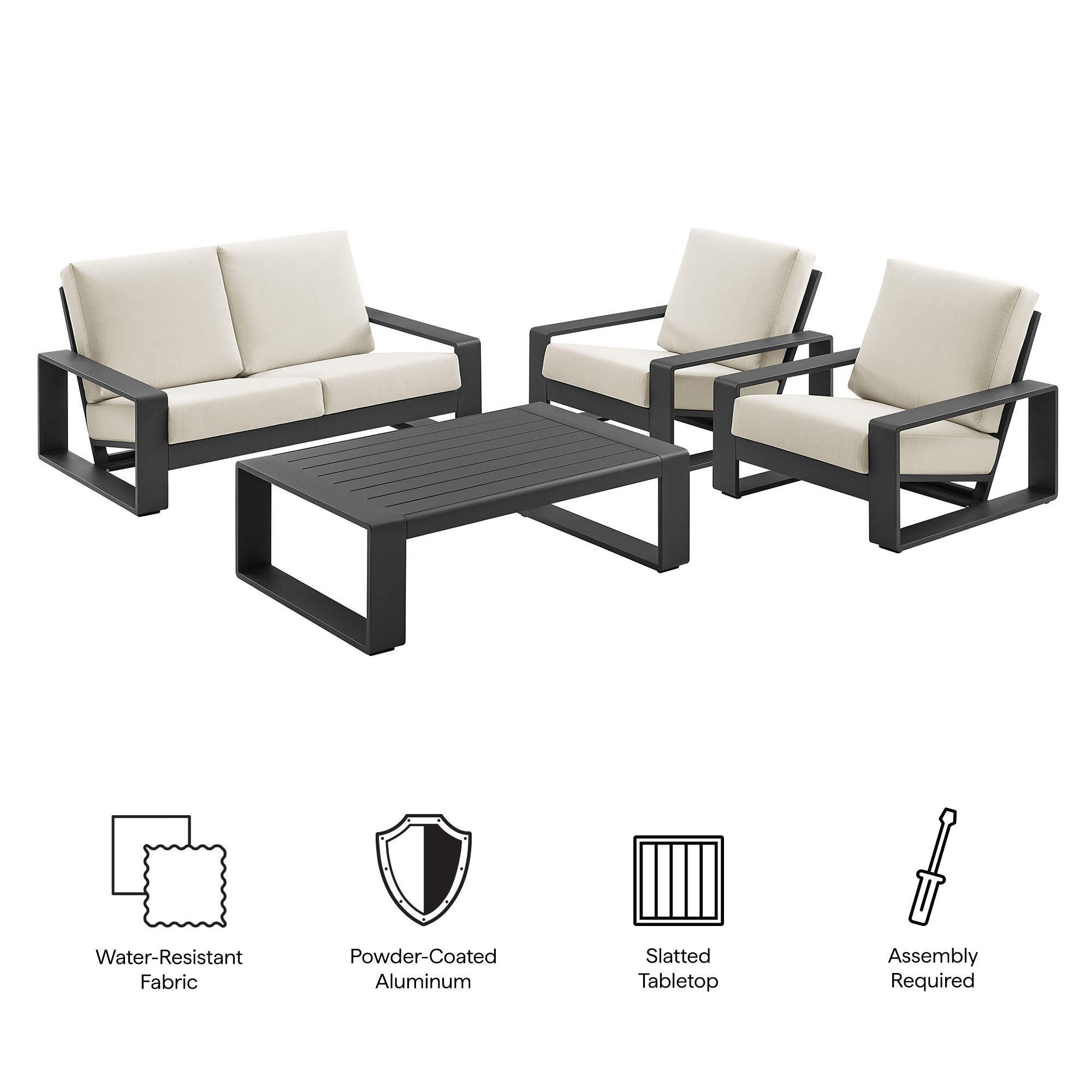 Modway Lirienne Outdoor Sofa and 2 Chairs with Coffee Table, Cream Gray/Black, large