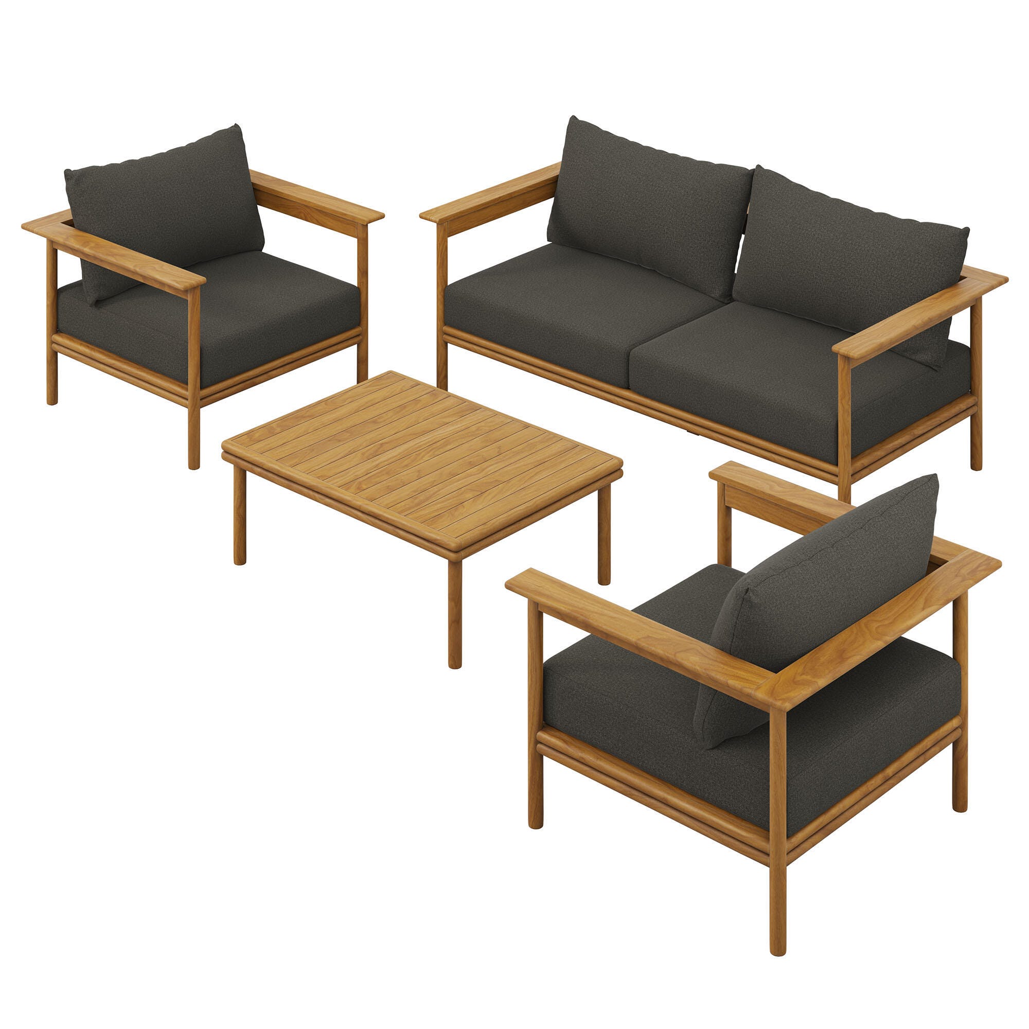 Modway Wren Outdoor Loveseat and 2 Chairs with Coffee Table, Natural/Gray, large