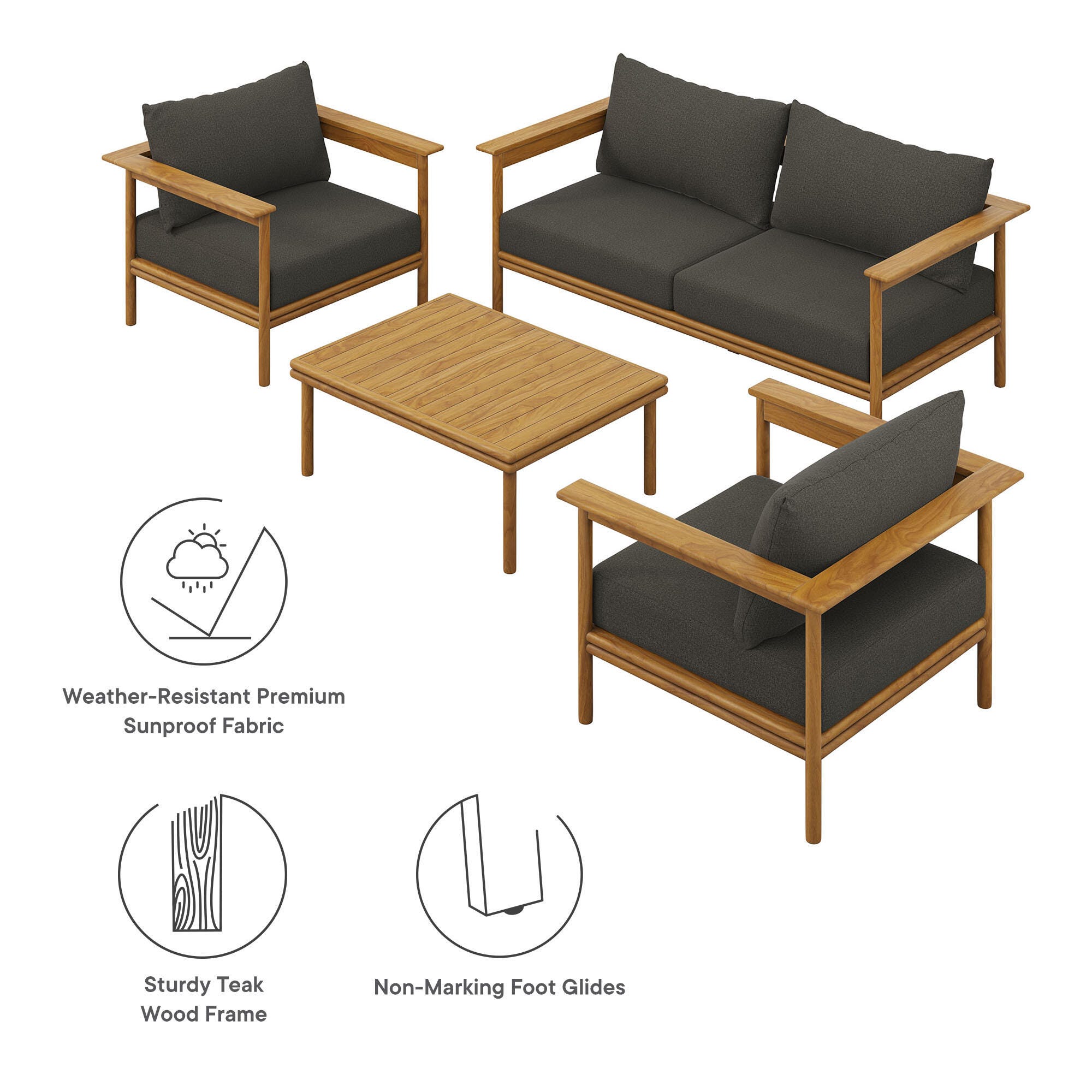 Modway Wren Outdoor Loveseat and 2 Chairs with Coffee Table, Natural/Gray, large