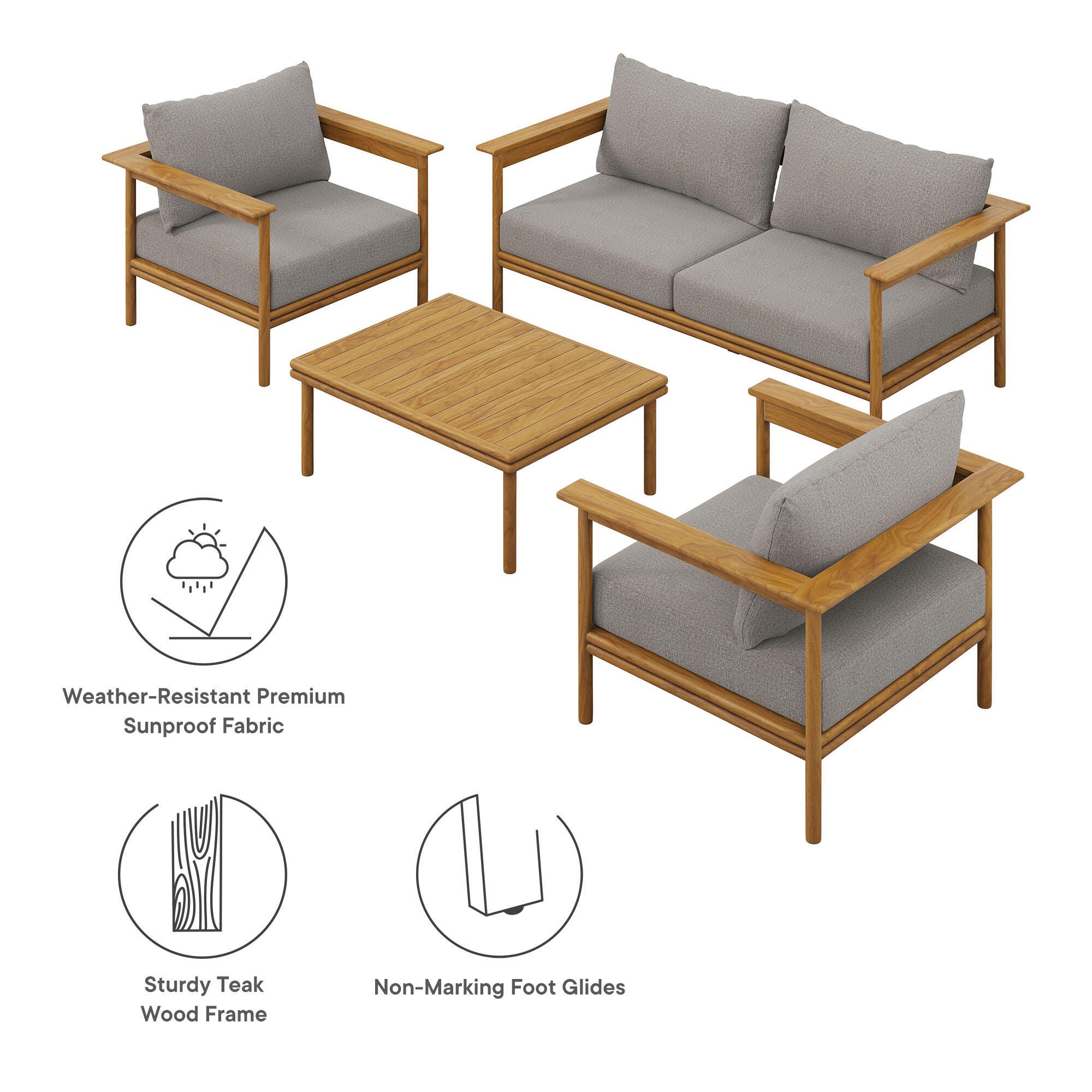 Modway Wren Outdoor Loveseat and 2 Chairs with Coffee Table, Driftwood/Light Gray, large