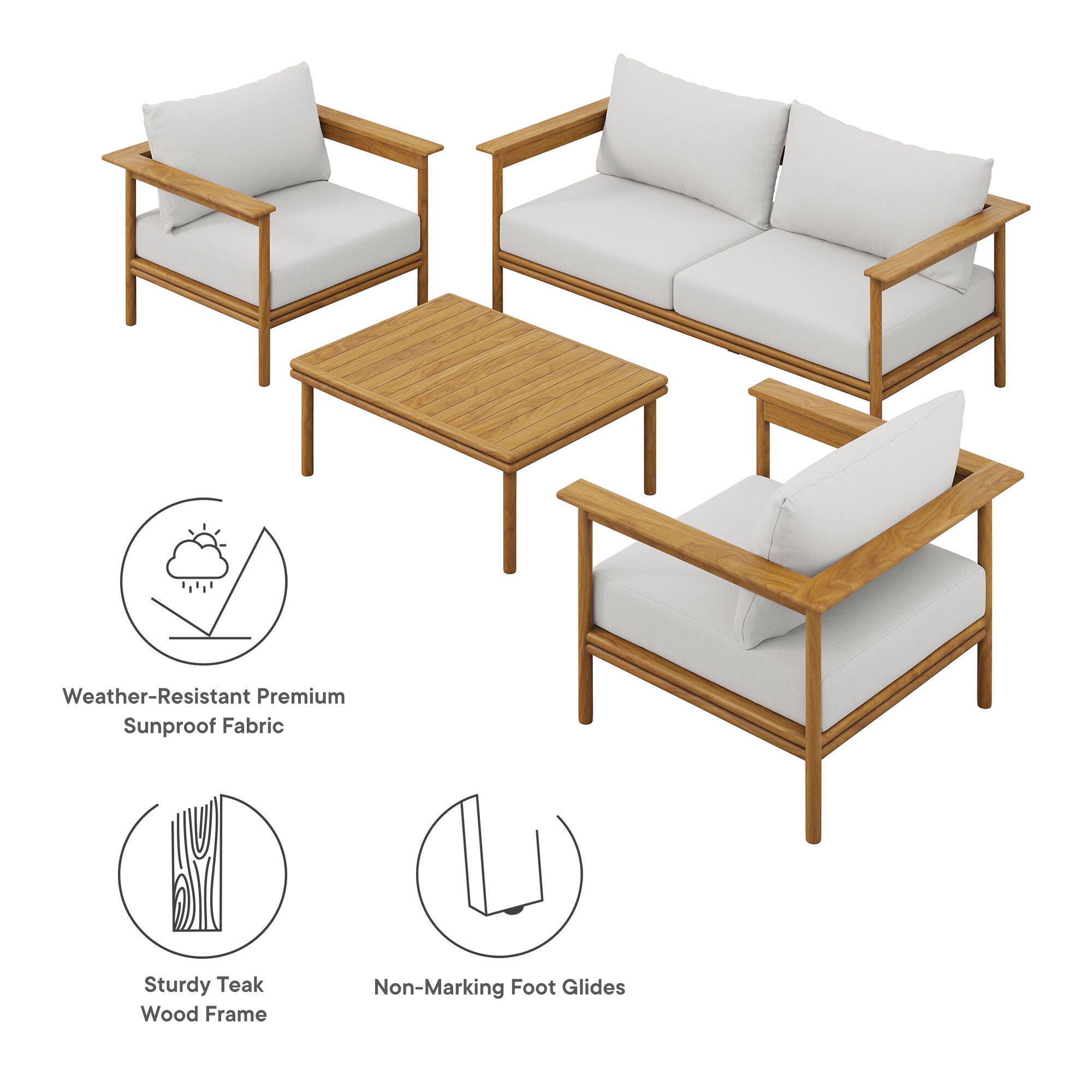 Modway Wren Outdoor Loveseat and 2 Chairs with Coffee Table, Natural/Sail, large