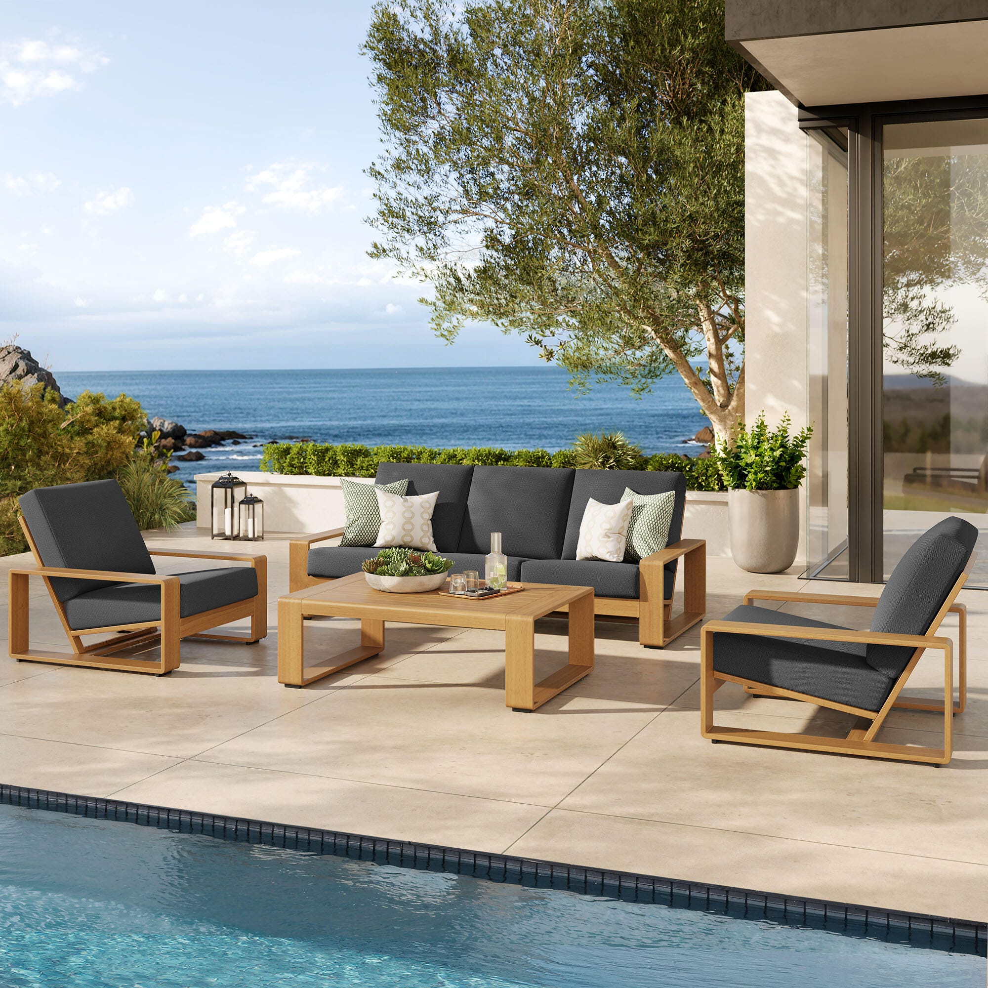 Modway Lirienne Solid Outdoor Sofa and 2 Chairs with Coffee Table, Charcoal/Natural, rollover