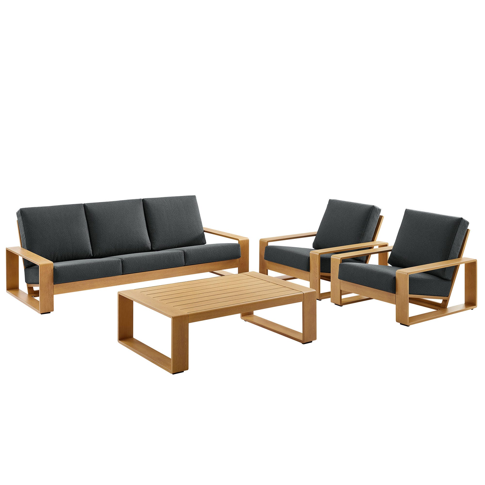 Modway Lirienne Solid Outdoor Sofa and 2 Chairs with Coffee Table, Charcoal/Natural, large