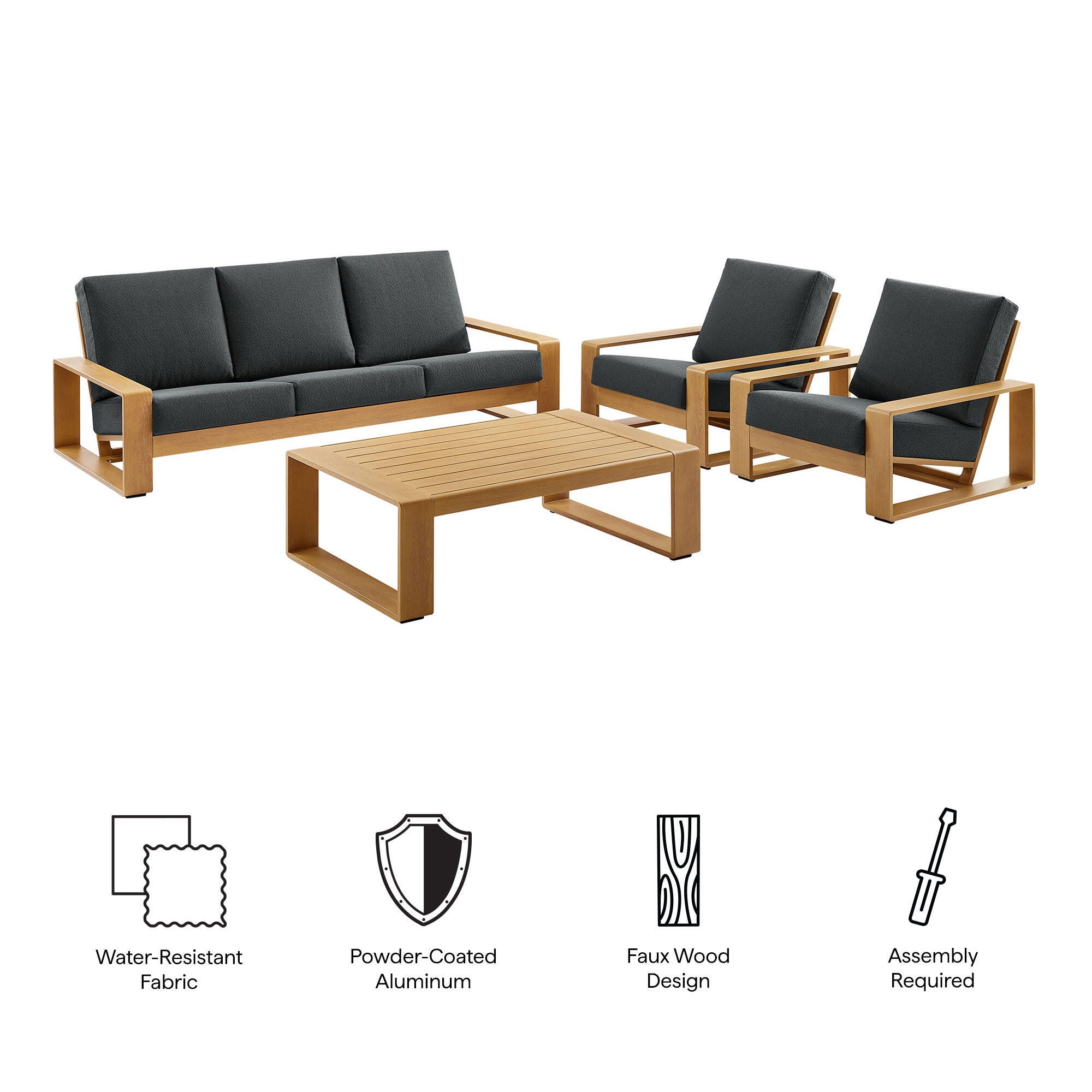 Modway Lirienne Solid Outdoor Sofa and 2 Chairs with Coffee Table, Charcoal/Natural, large