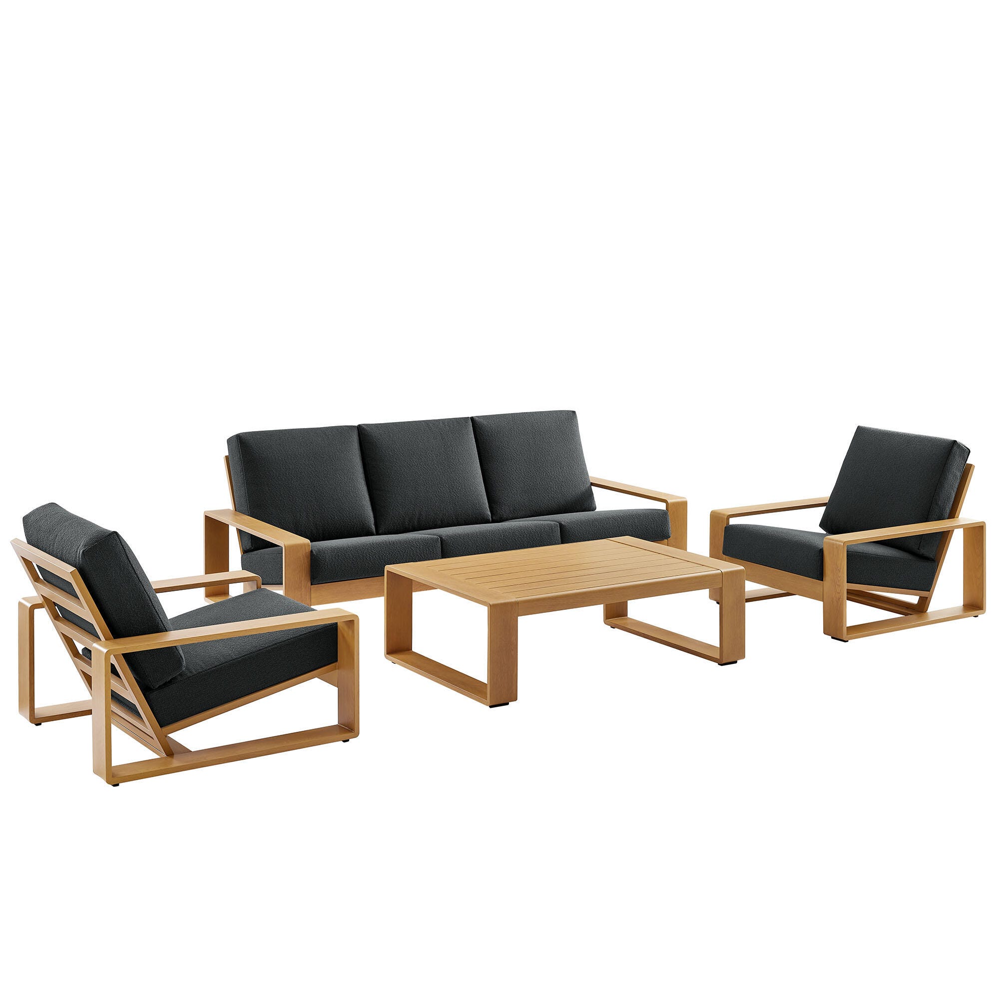 Modway Lirienne Solid Outdoor Sofa and 2 Chairs with Coffee Table, Charcoal/Natural, large