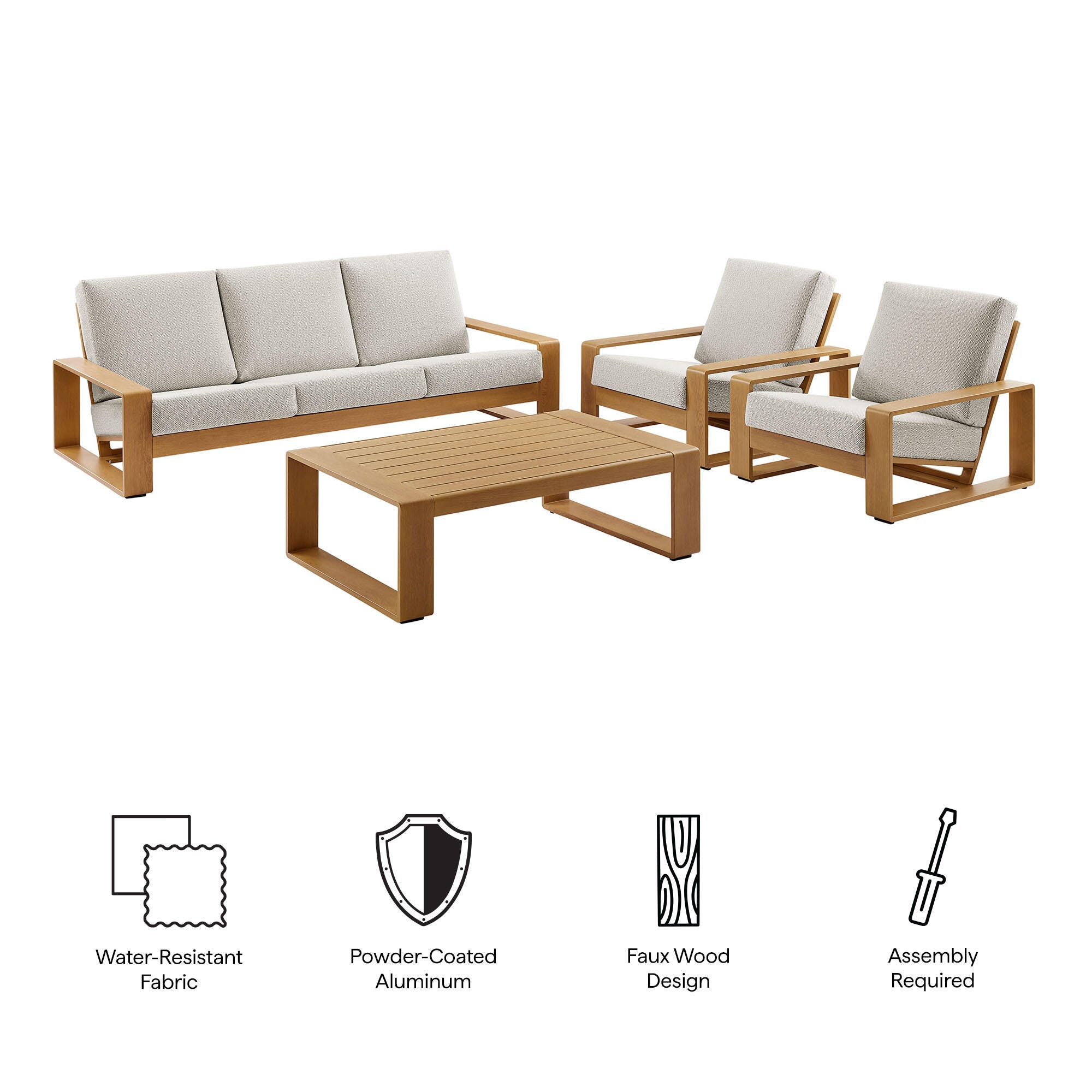 Modway Lirienne Solid Outdoor Sofa and 2 Chairs with Coffee Table, Ivory/Natural, large