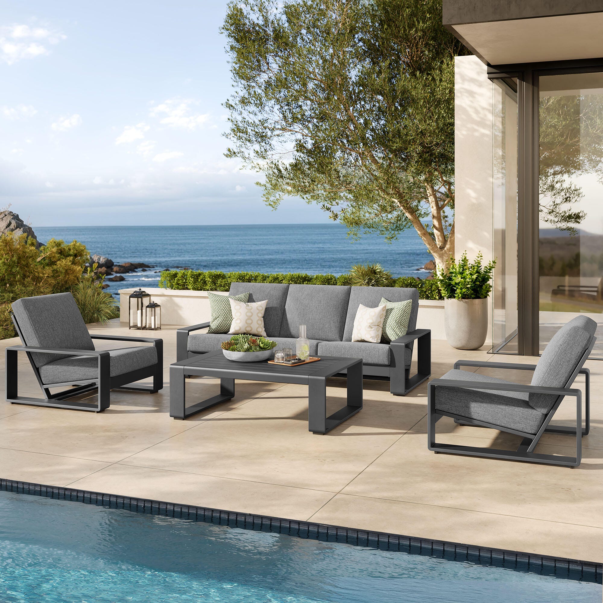 Modway Lirienne Solid Outdoor Sofa and 2 Chairs with Coffee Table, Light Gray/Black, rollover