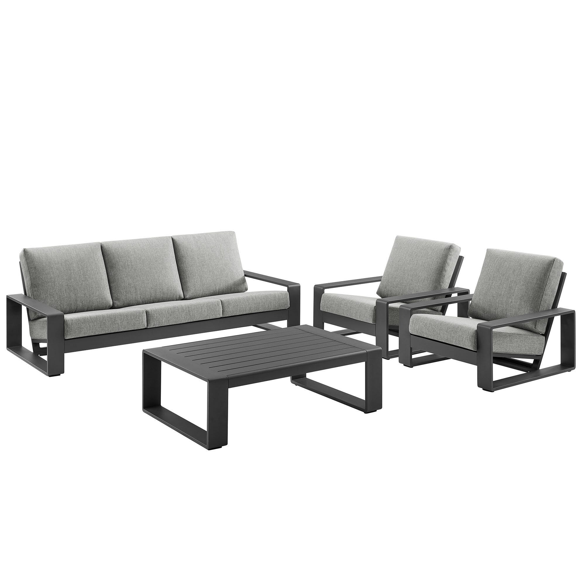 Modway Lirienne Solid Outdoor Sofa and 2 Chairs with Coffee Table, Light Gray/Black, large