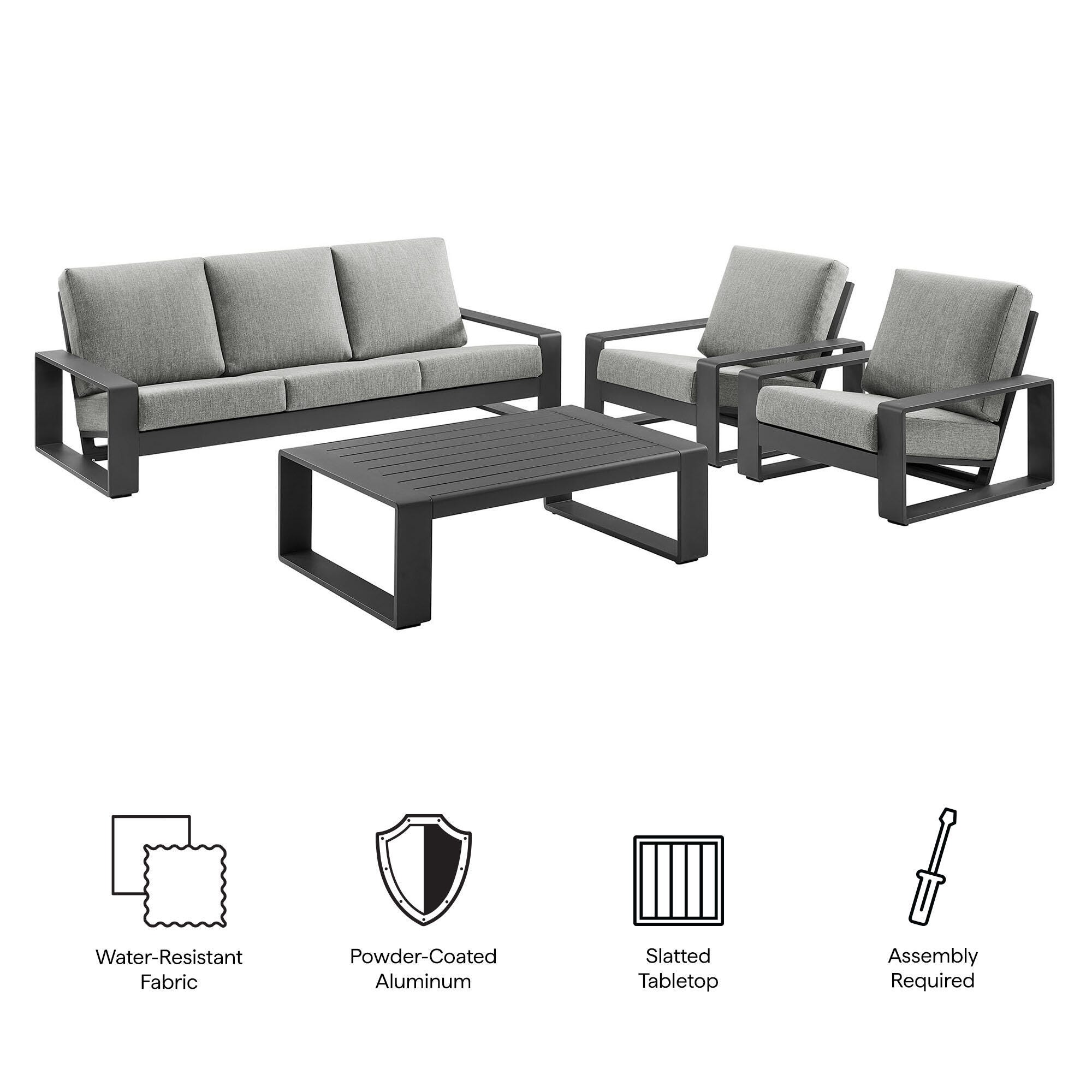 Modway Lirienne Solid Outdoor Sofa and 2 Chairs with Coffee Table, Light Gray/Black, large