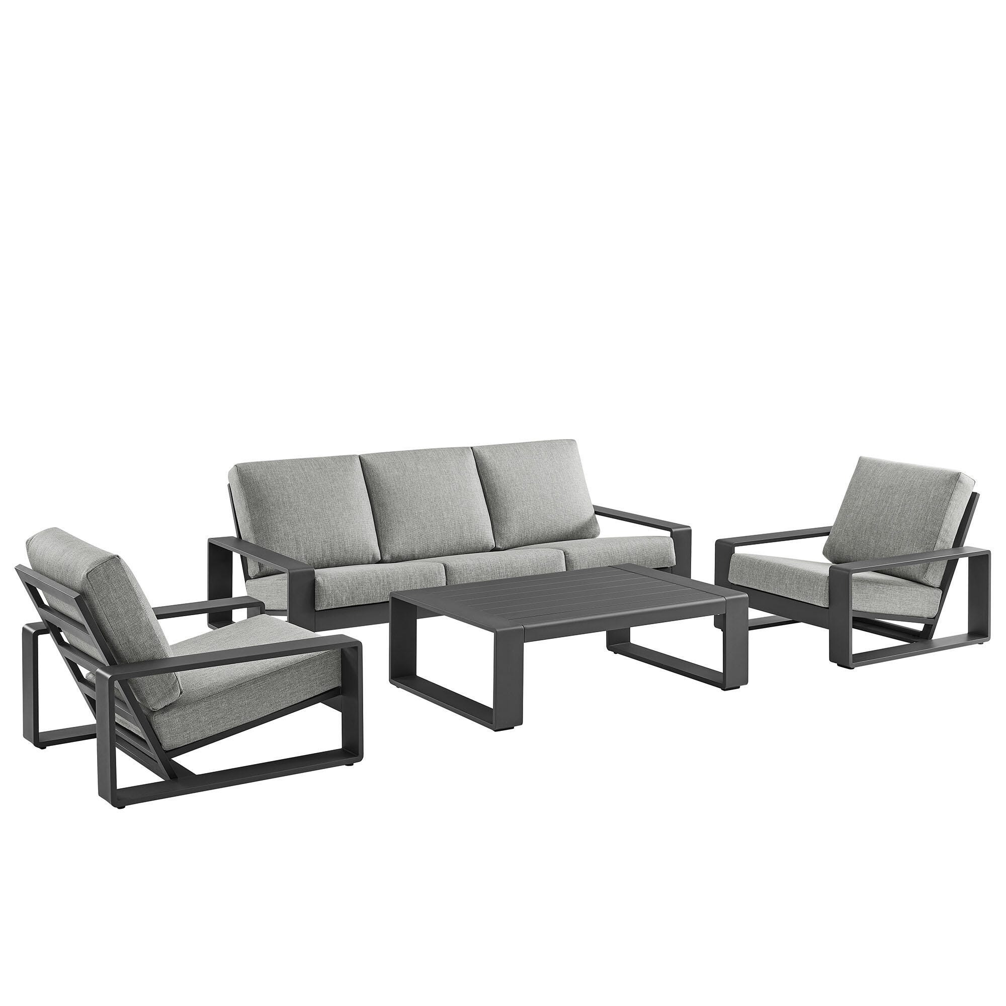 Modway Lirienne Solid Outdoor Sofa and 2 Chairs with Coffee Table, Light Gray/Black, large