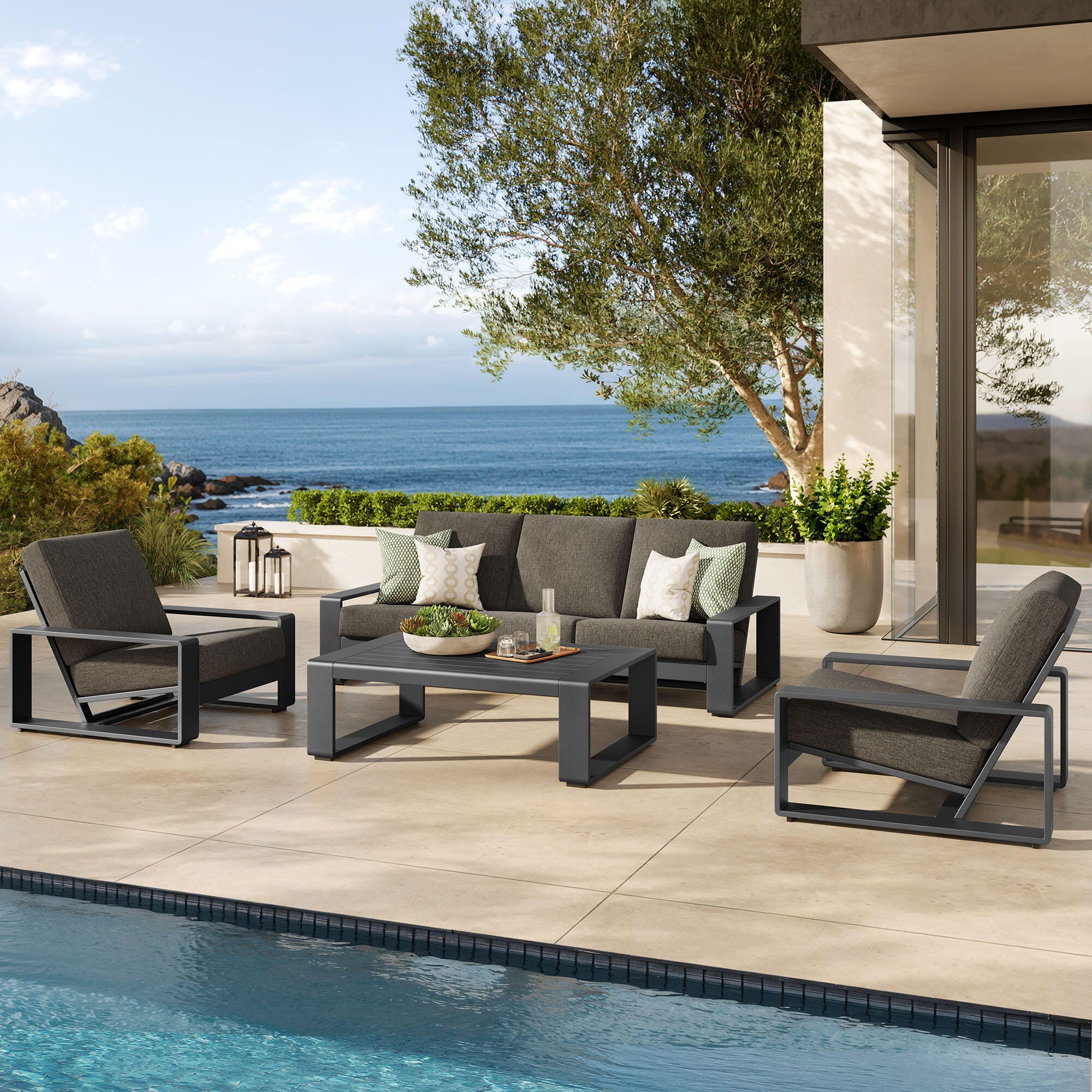 Modway Lirienne Solid Outdoor Sofa and 2 Chairs with Coffee Table, Smoke/Black, large
