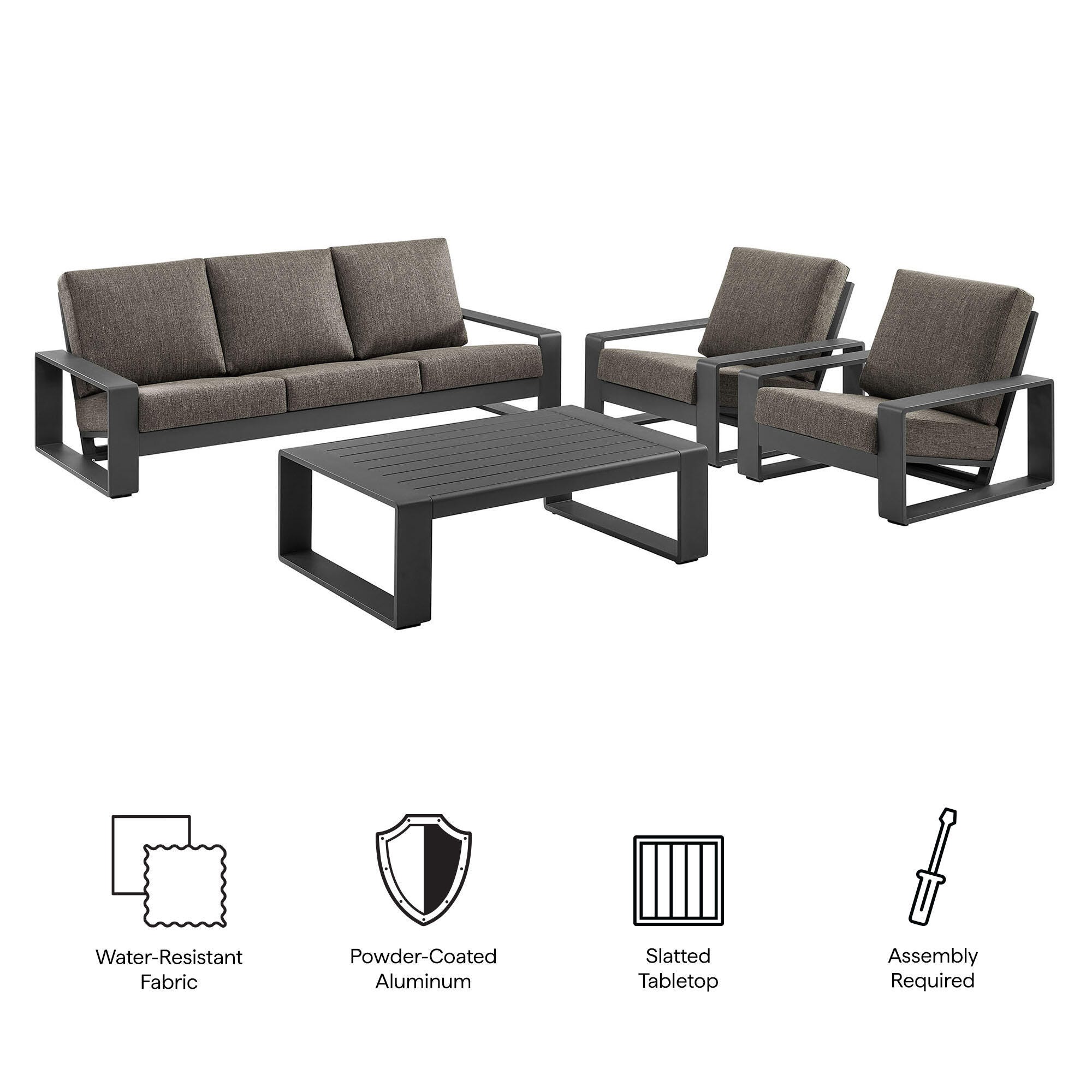 Modway Lirienne Solid Outdoor Sofa and 2 Chairs with Coffee Table, Smoke/Black, large