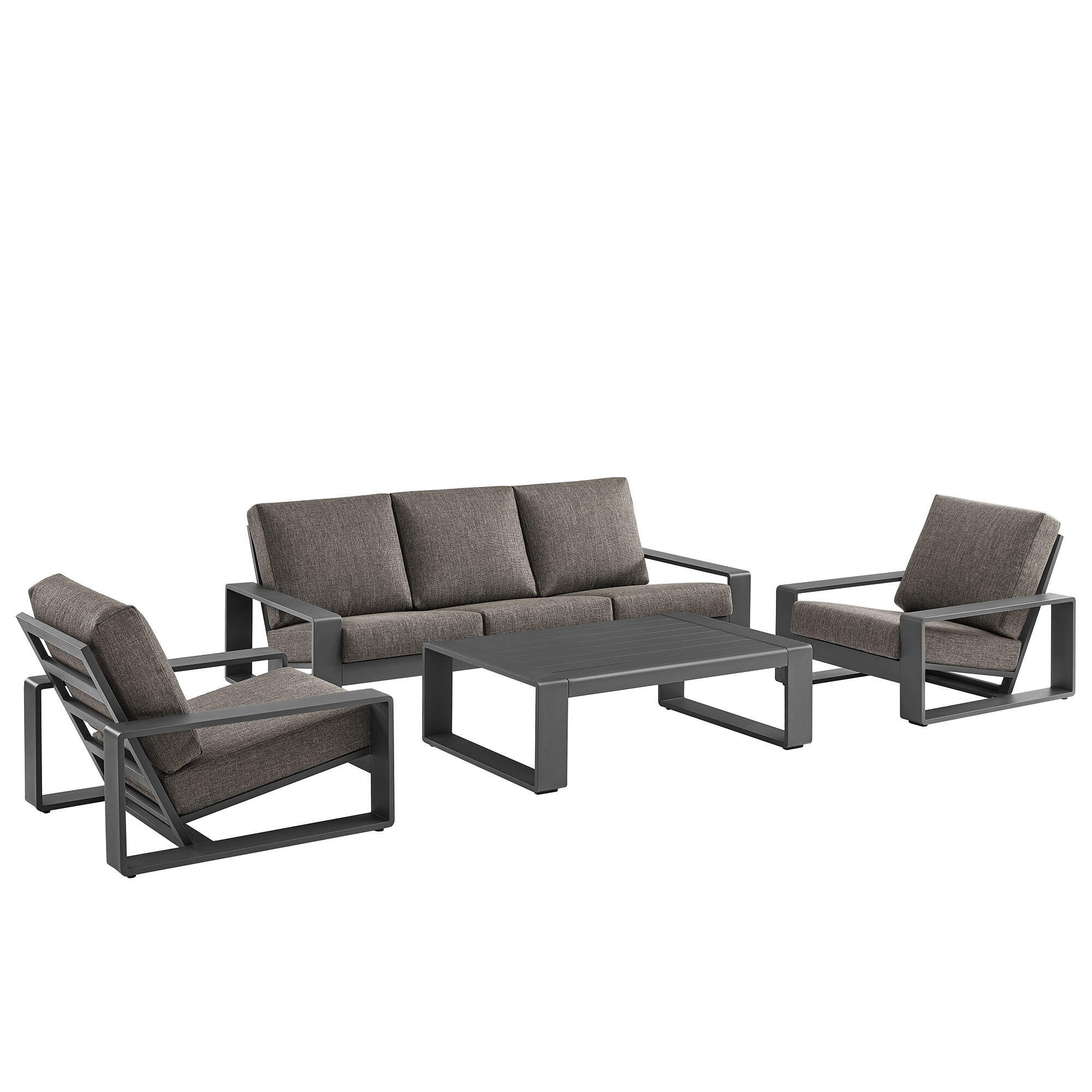 Modway Lirienne Solid Outdoor Sofa and 2 Chairs with Coffee Table, Smoke/Black, large