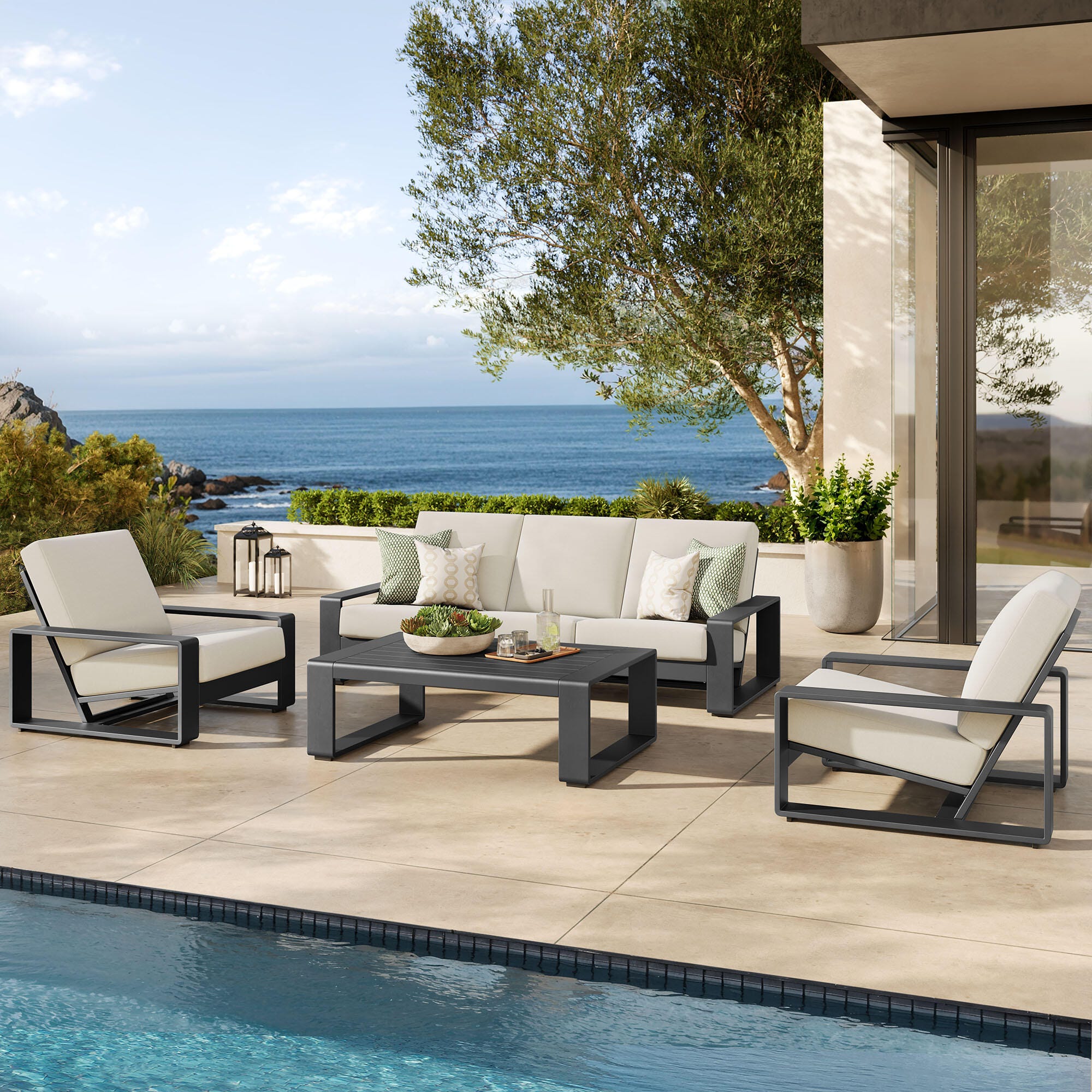 Modway Lirienne Solid Outdoor Sofa and 2 Chairs with Coffee Table, Cream/Black, rollover