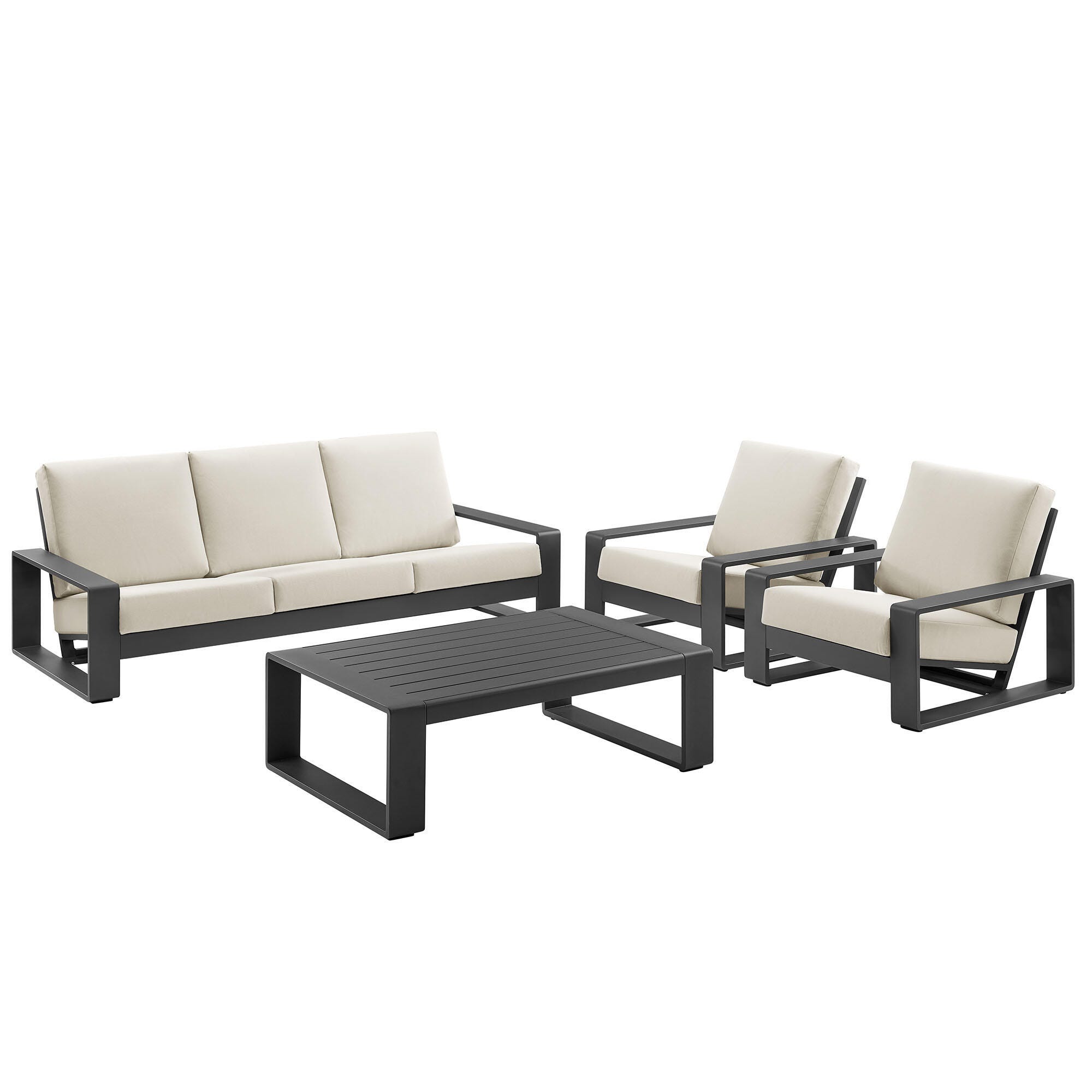 Modway Lirienne Solid Outdoor Sofa and 2 Chairs with Coffee Table, Cream/Black, large