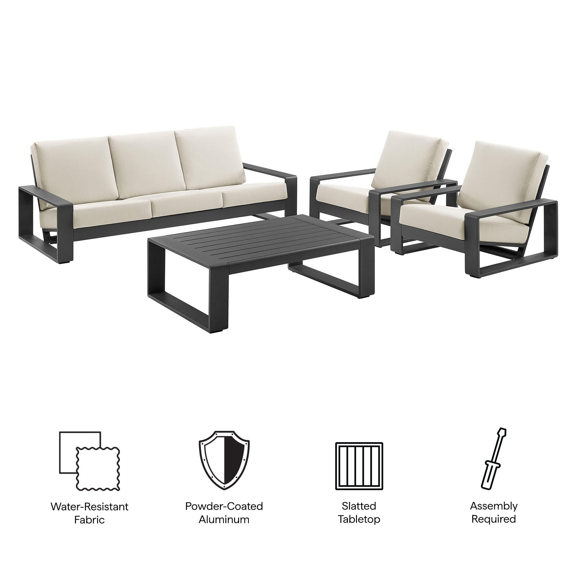 Modway Lirienne Solid Outdoor Sofa and 2 Chairs with Coffee Table, Cream/Black, large