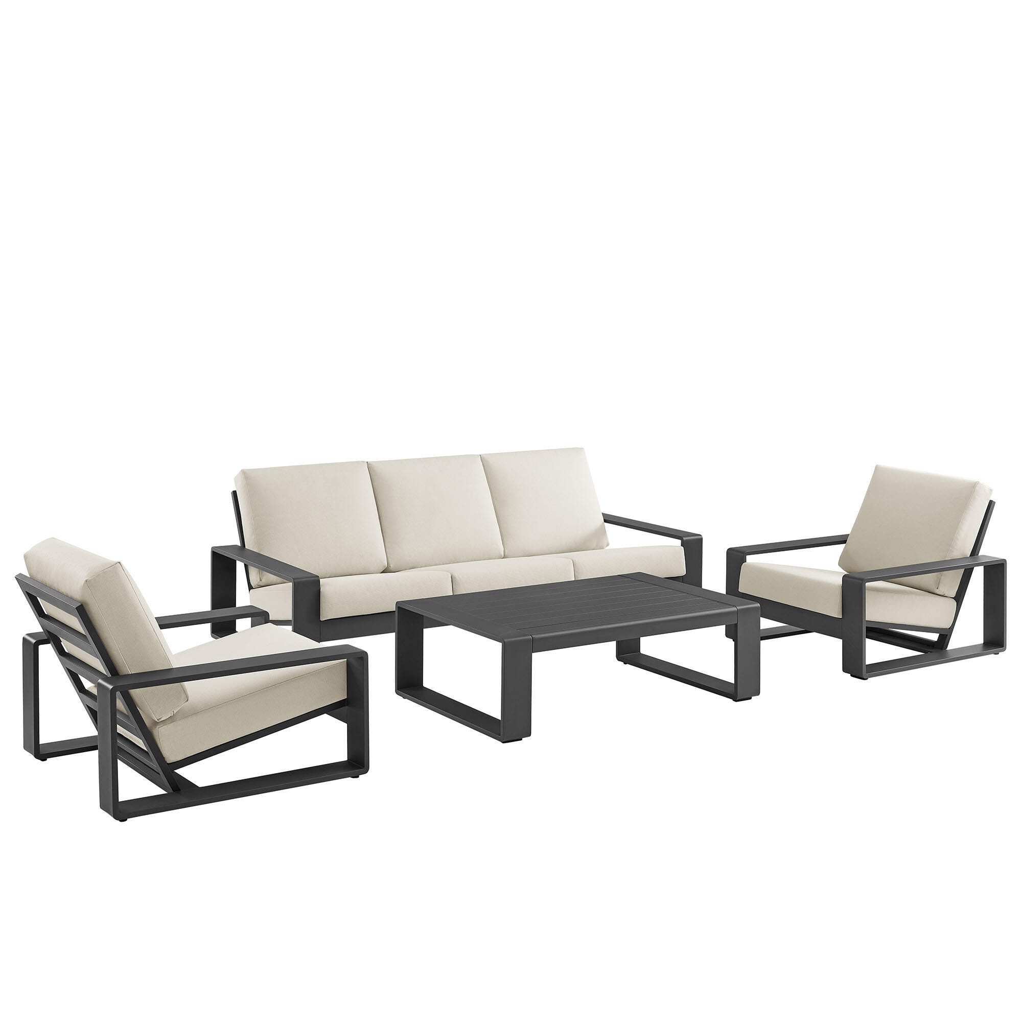 Modway Lirienne Solid Outdoor Sofa and 2 Chairs with Coffee Table, Cream/Black, large