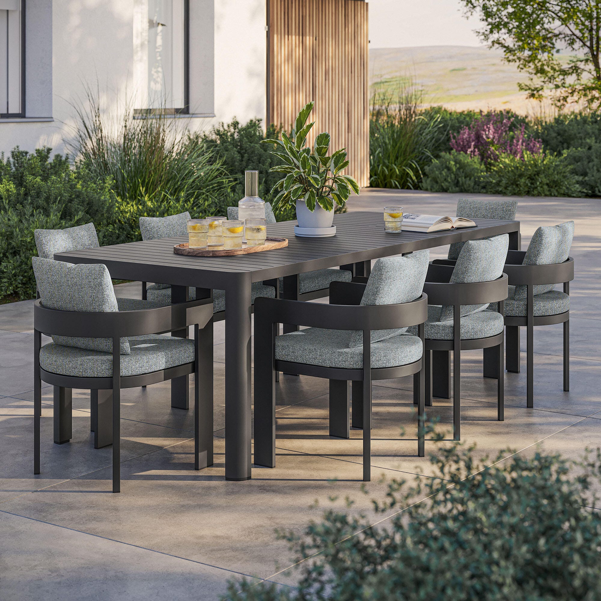 Modway Tahoe Outdoor Extendable Dining Table and 8 Chairs, Light Gray/Black, large