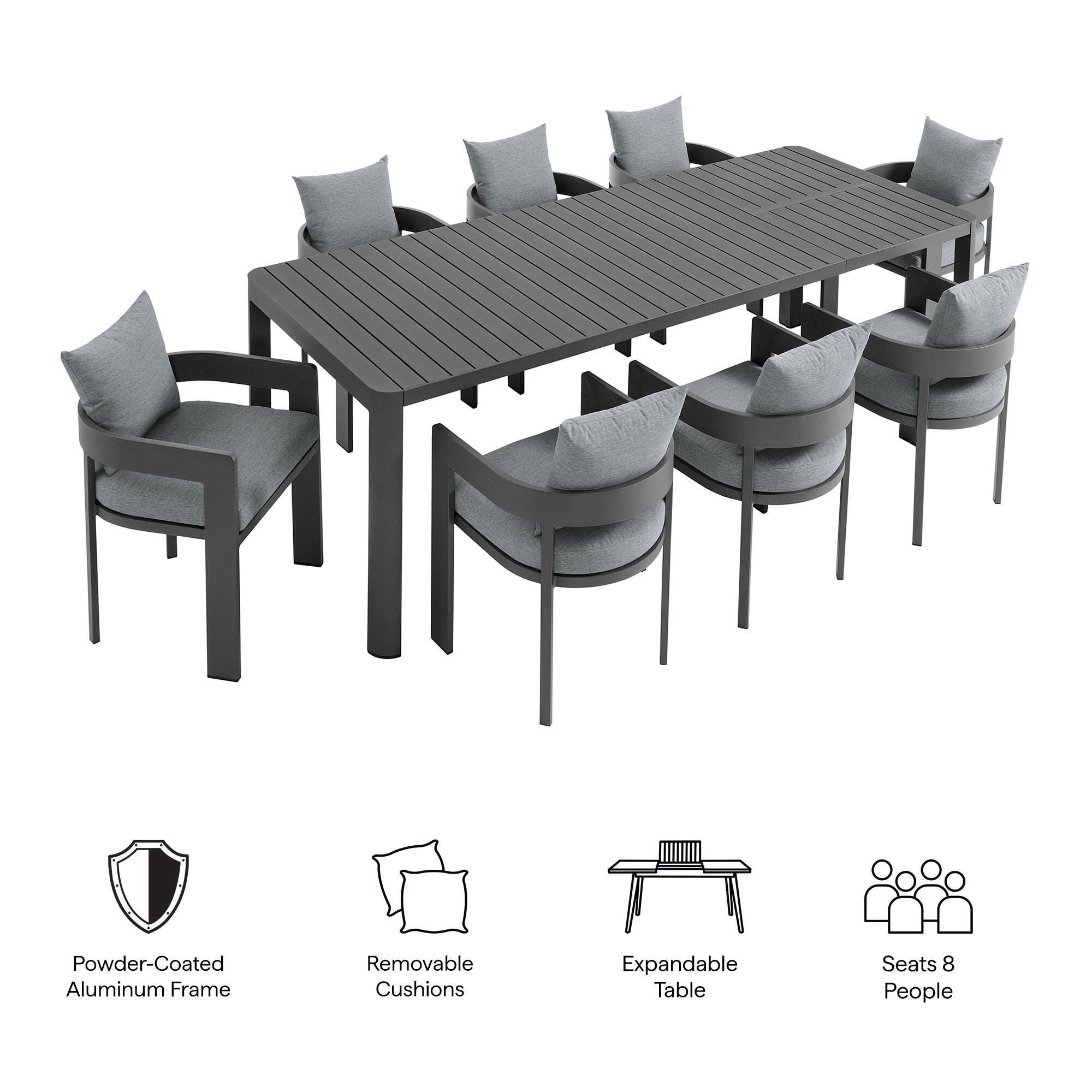 Modway Tahoe Outdoor Extendable Dining Table and 8 Chairs, Light Gray/Black, large