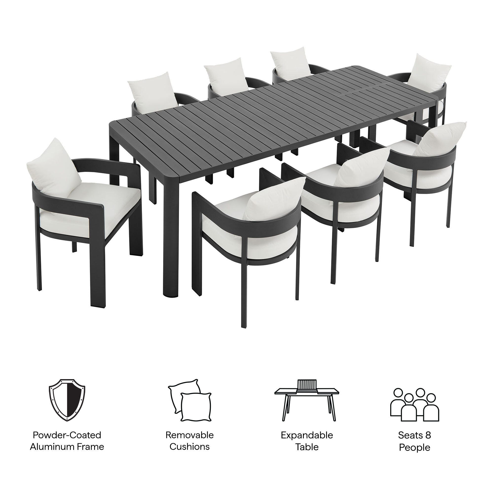 Modway Tahoe Outdoor Extendable Dining Table and 8 Chairs, Gray/White, large