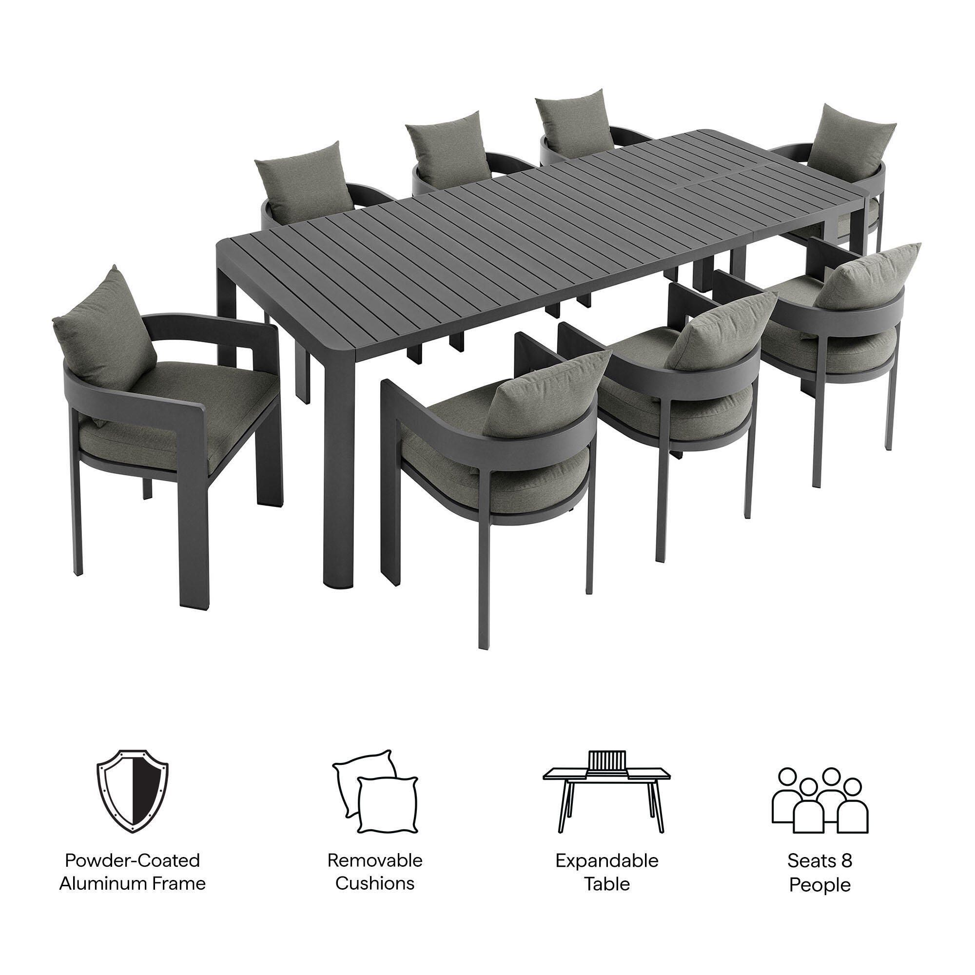 Modway Tahoe Outdoor Extendable Dining Table and 8 Chairs, Gray/Black, large