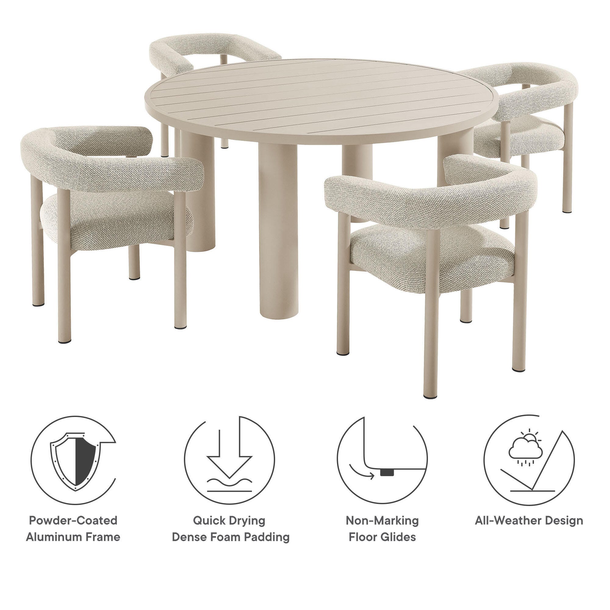 Modway Nautica Outdoor Dining Table and 4 Chairs, Ivory/Taupe, large