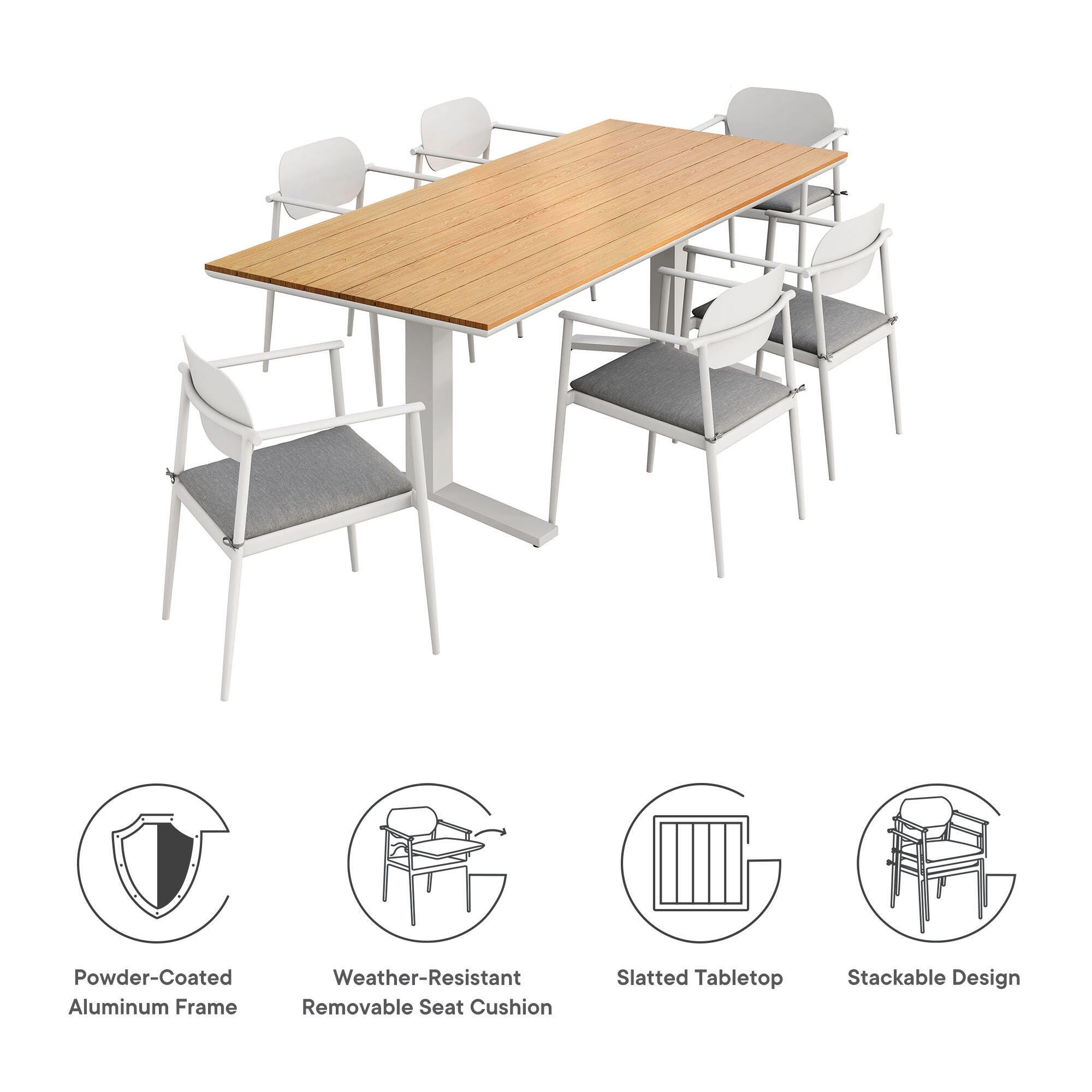 Modway Aeris Outdoor Dining Table and 6 Chairs, White/Light Gray, large