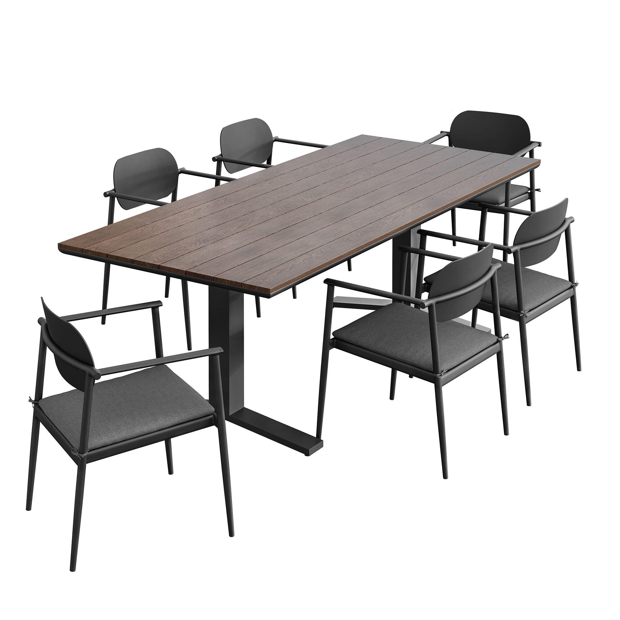 Modway Aeris Outdoor Dining Table and 6 Chairs, Charcoal/Brown, large