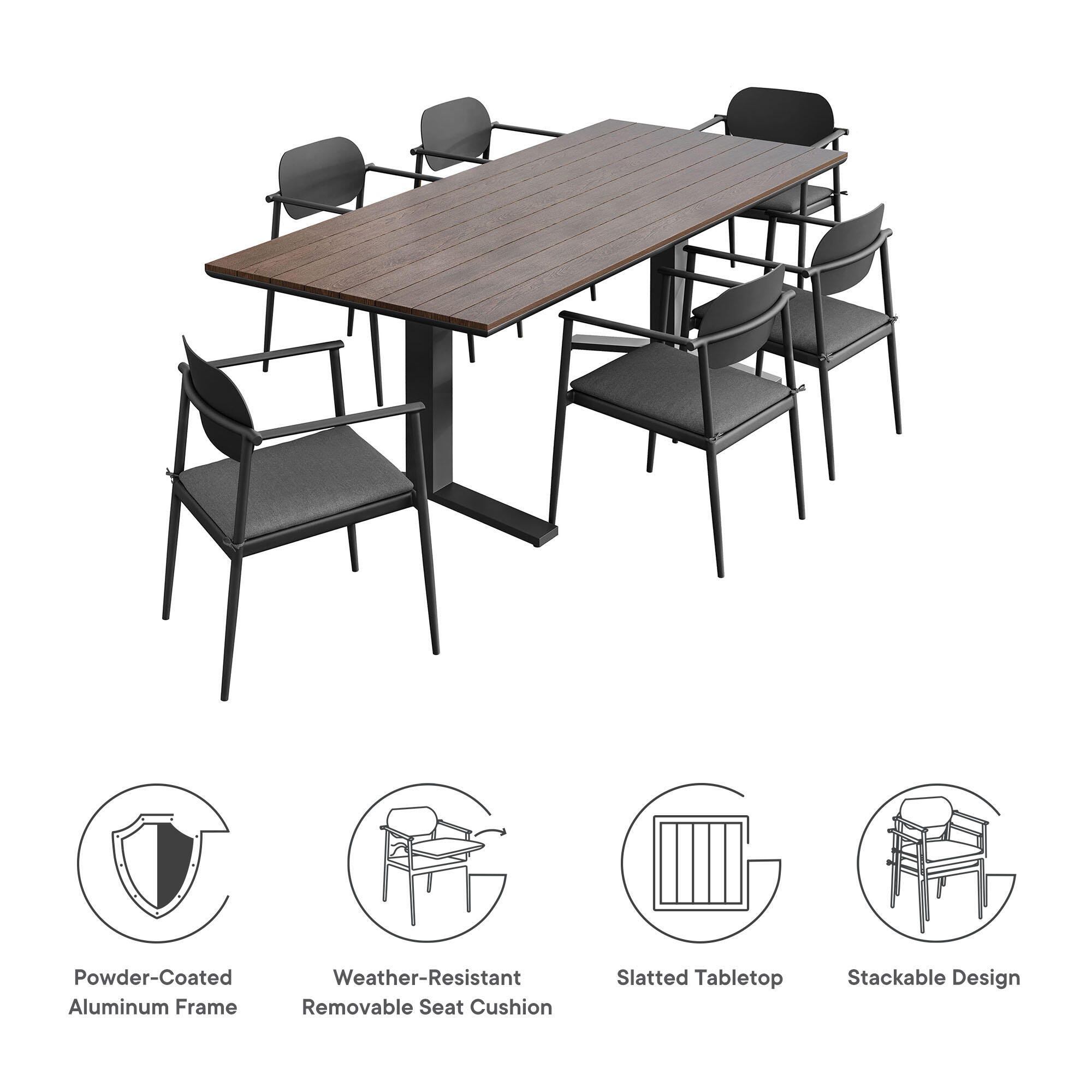 Modway Aeris Outdoor Dining Table and 6 Chairs, Charcoal/Brown, large