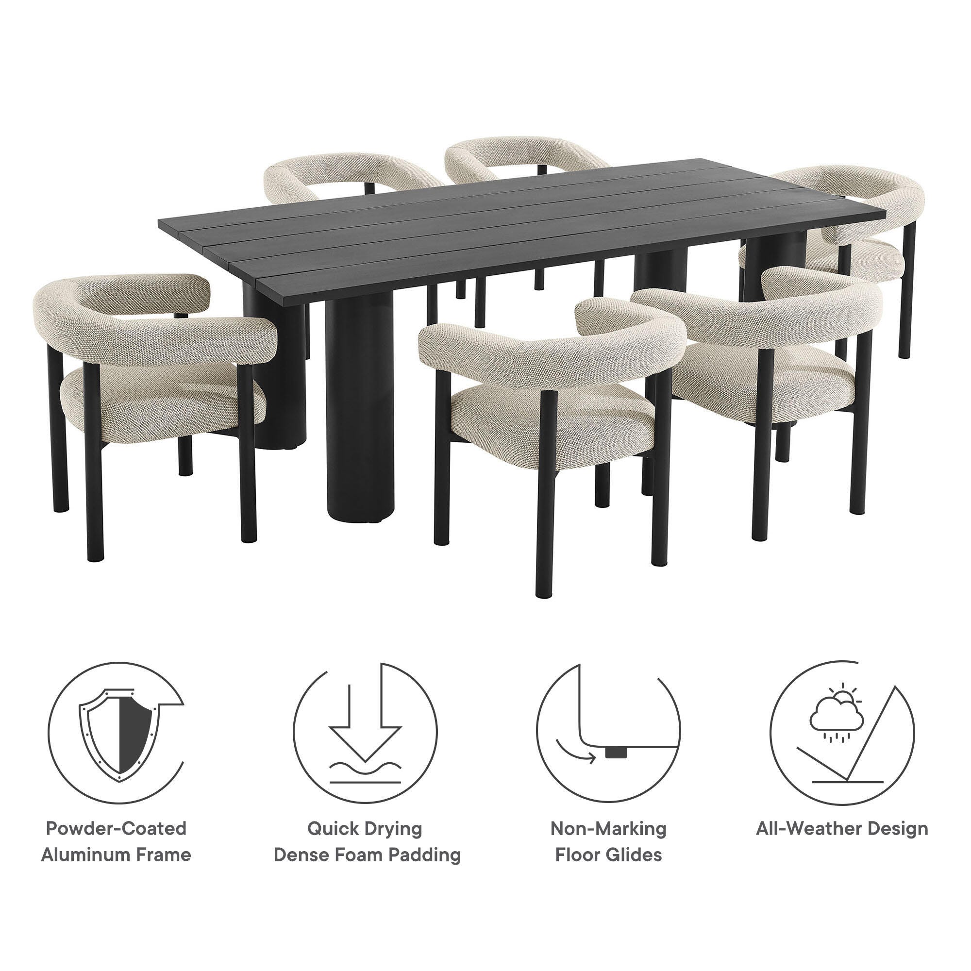 Modway Nautica Outdoor Dining Table and 6 Chairs, Ivory/Graphite, large
