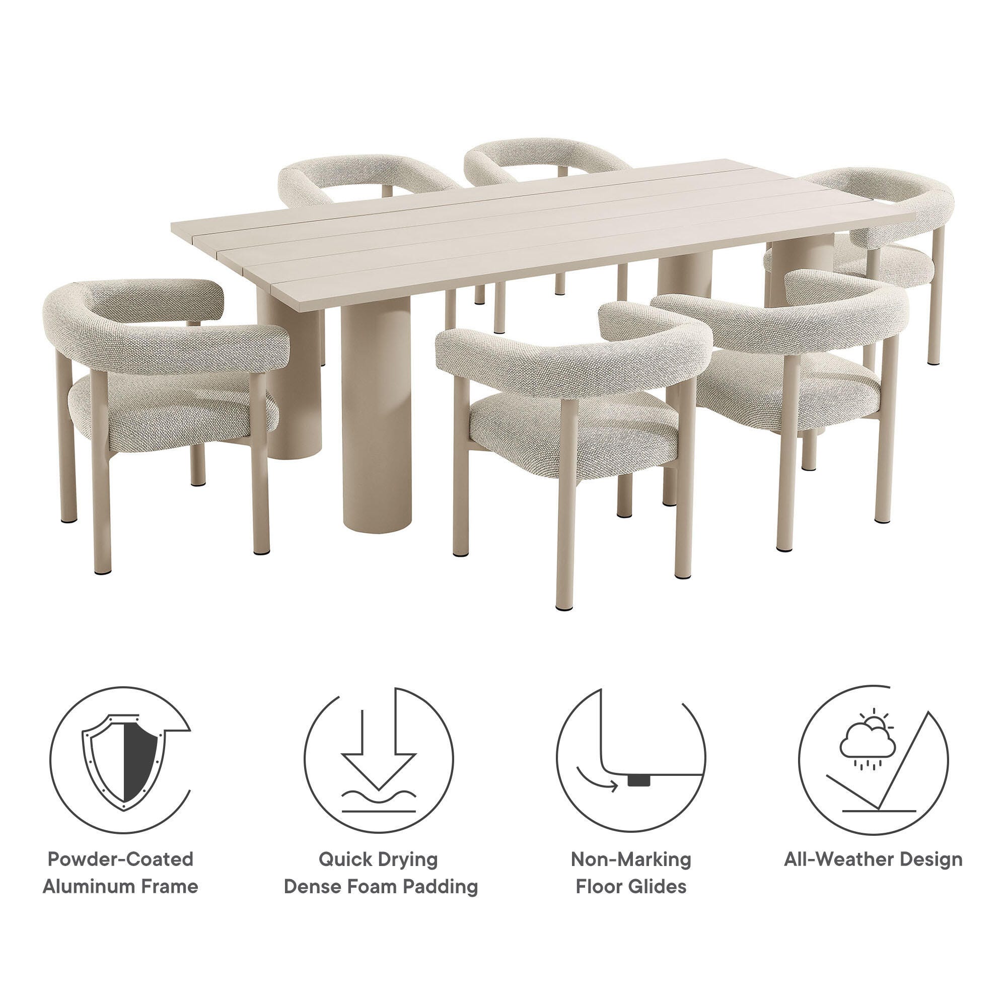 Modway Nautica Outdoor Dining Table and 6 Chairs, Ivory/Taupe, large